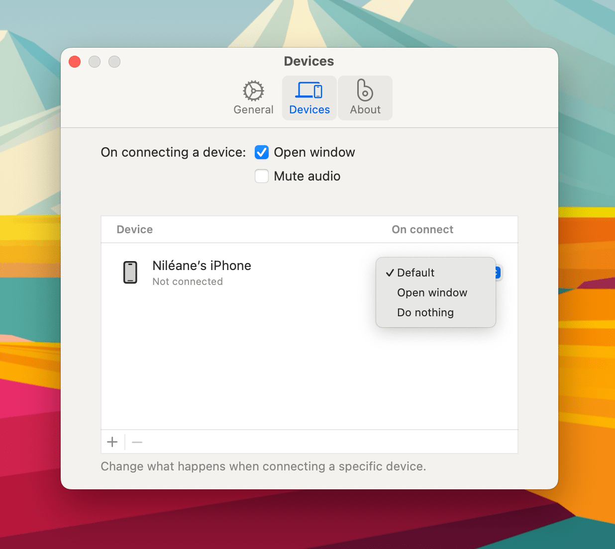 Bezel can automatically mute your Mac's audio when you connect a device. You can also tell it to ignore a device.