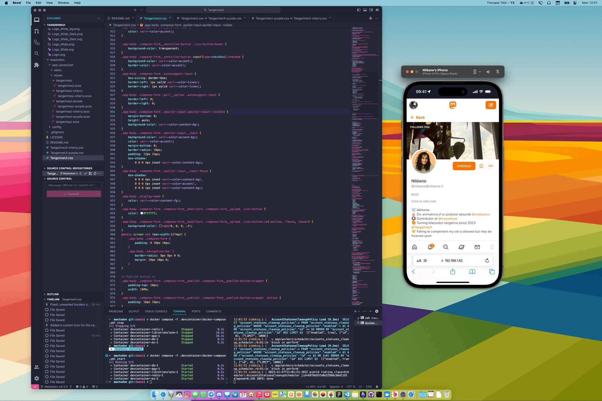 Working on my custom theme for Mastodon and testing my changes on the iPhone in real time using Bezel.