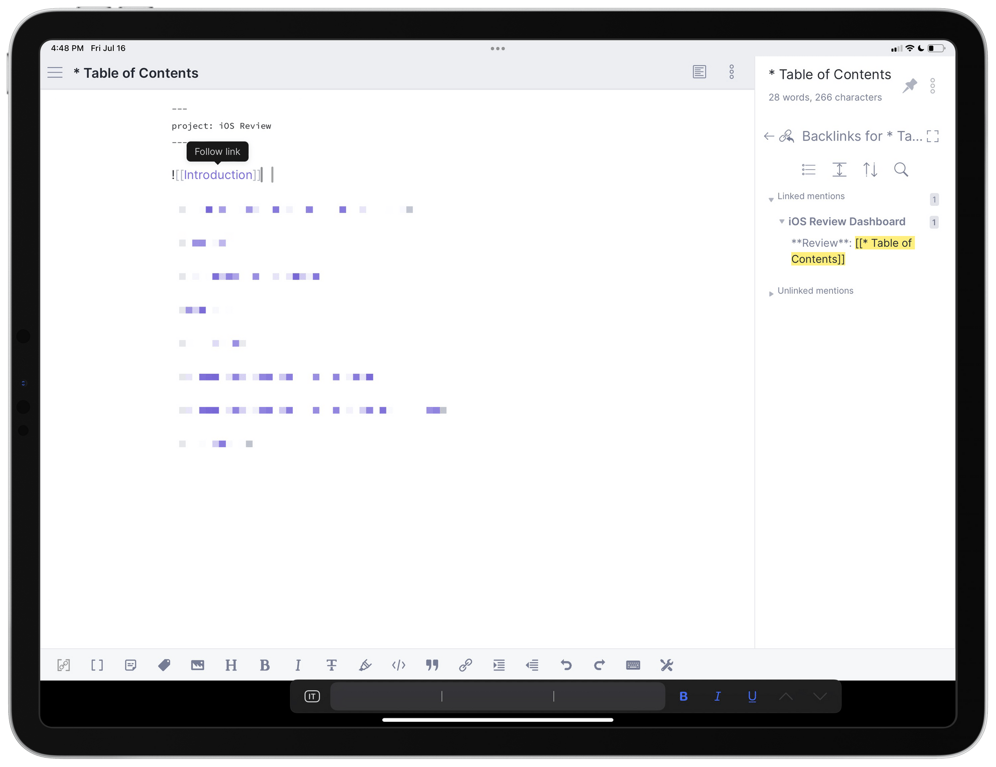 My Table of Contents workspace showing a pinned backlinks pane.