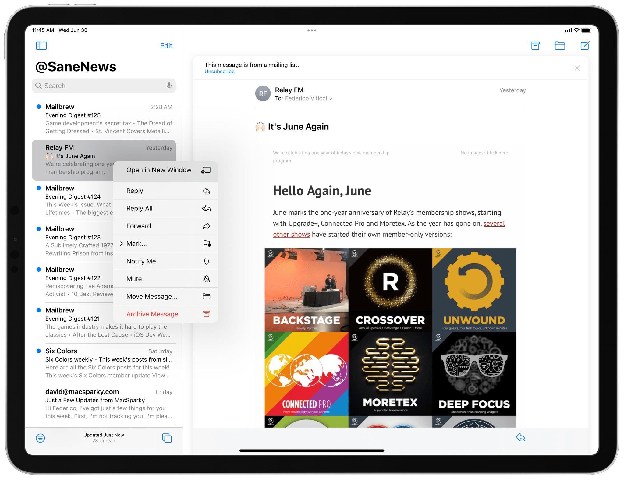 Right-click a message in Mail to show the context menu (or use Control-Return from the keyboard) in iPadOS 15...