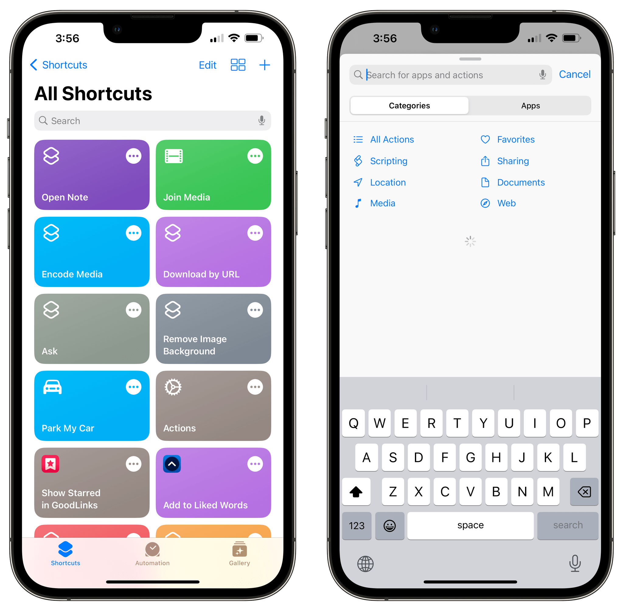Left: one day, I woke up and Shortcuts decided to throw some of my shortcuts outside of their folders. Right: the loading screen for actions I often see for several seconds.