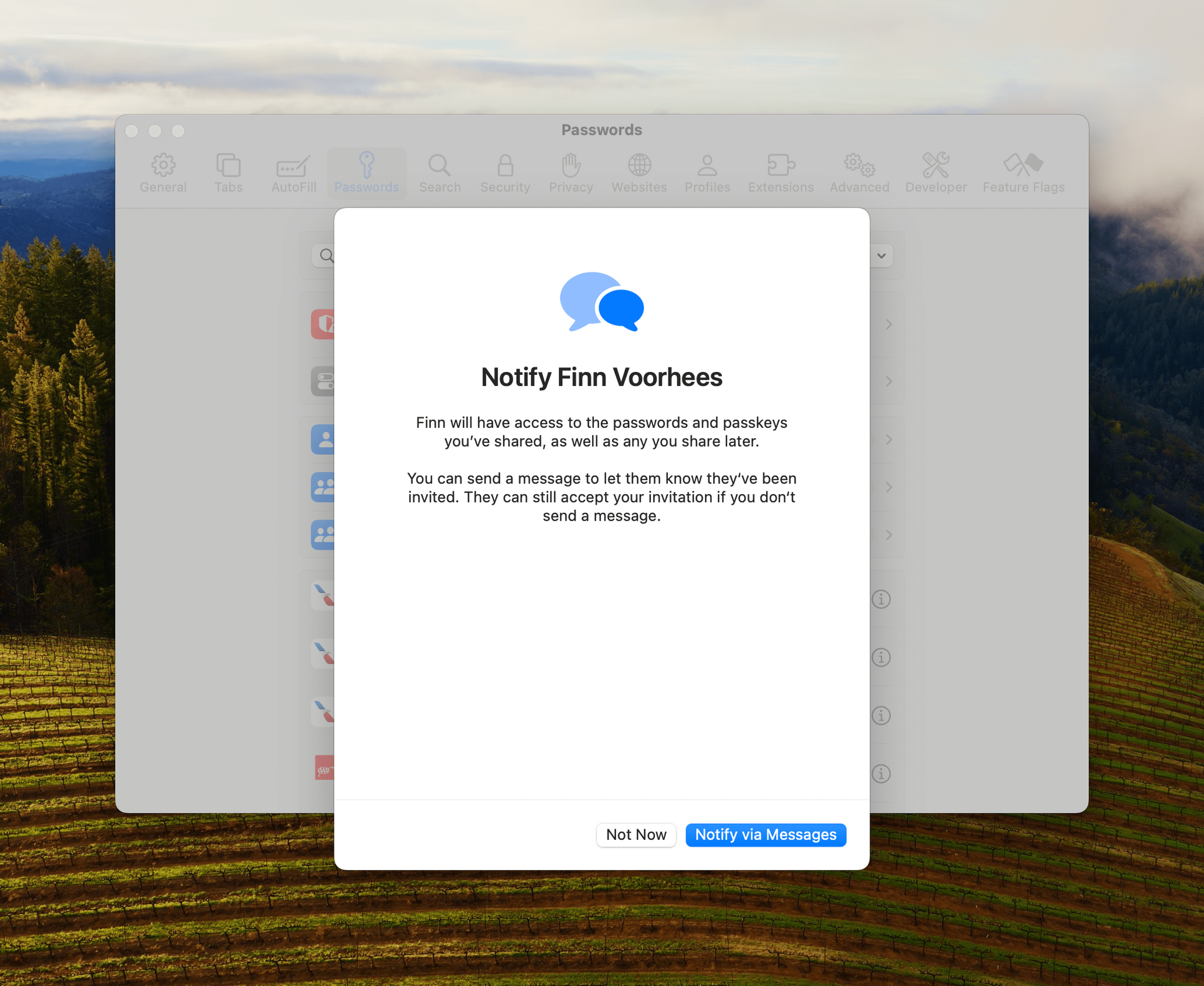 Notifying someone you've added to a password group is done using Messages.