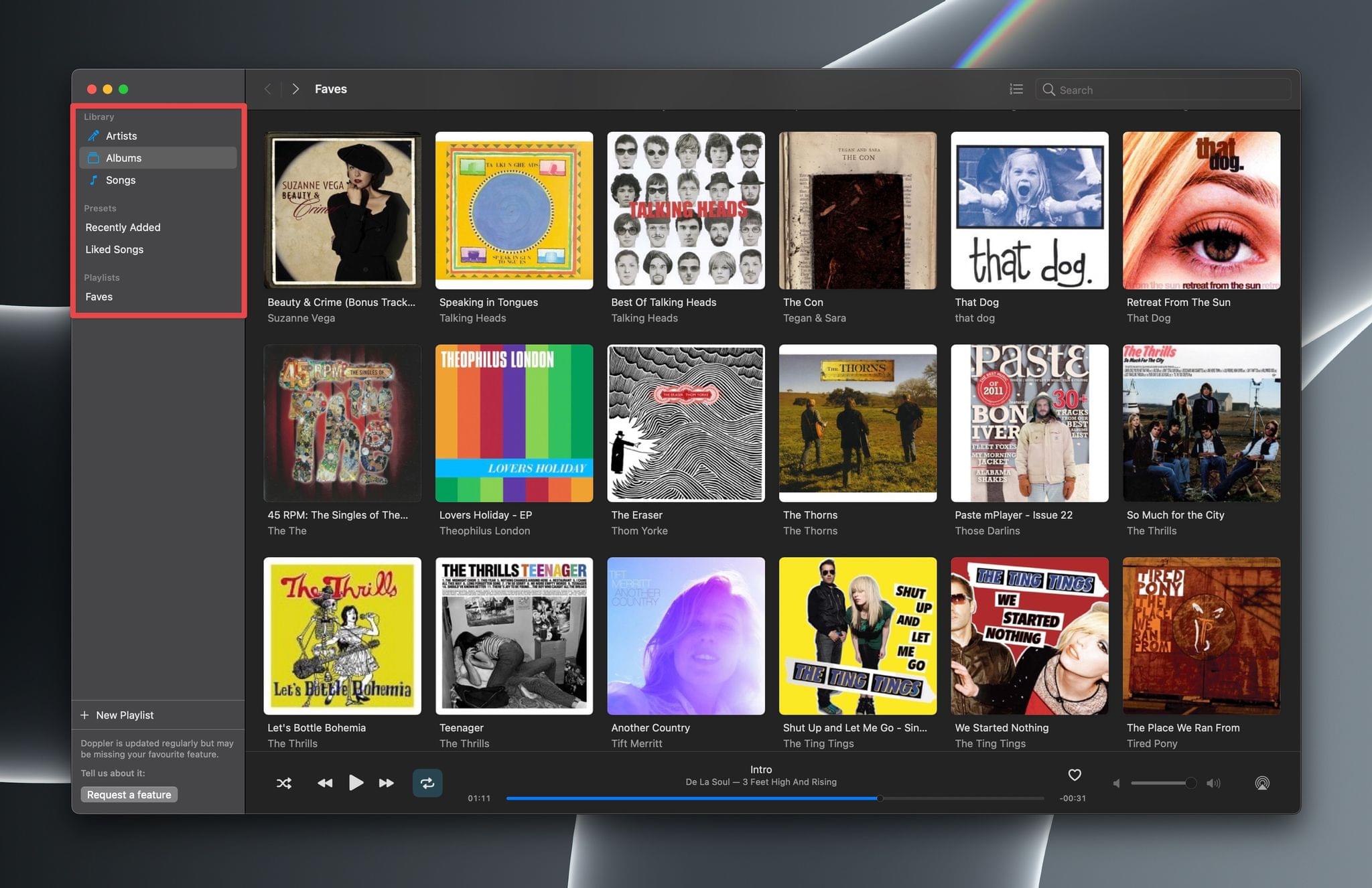 Doppler's sidebar is divided between your Library, Presets, and Playlists.