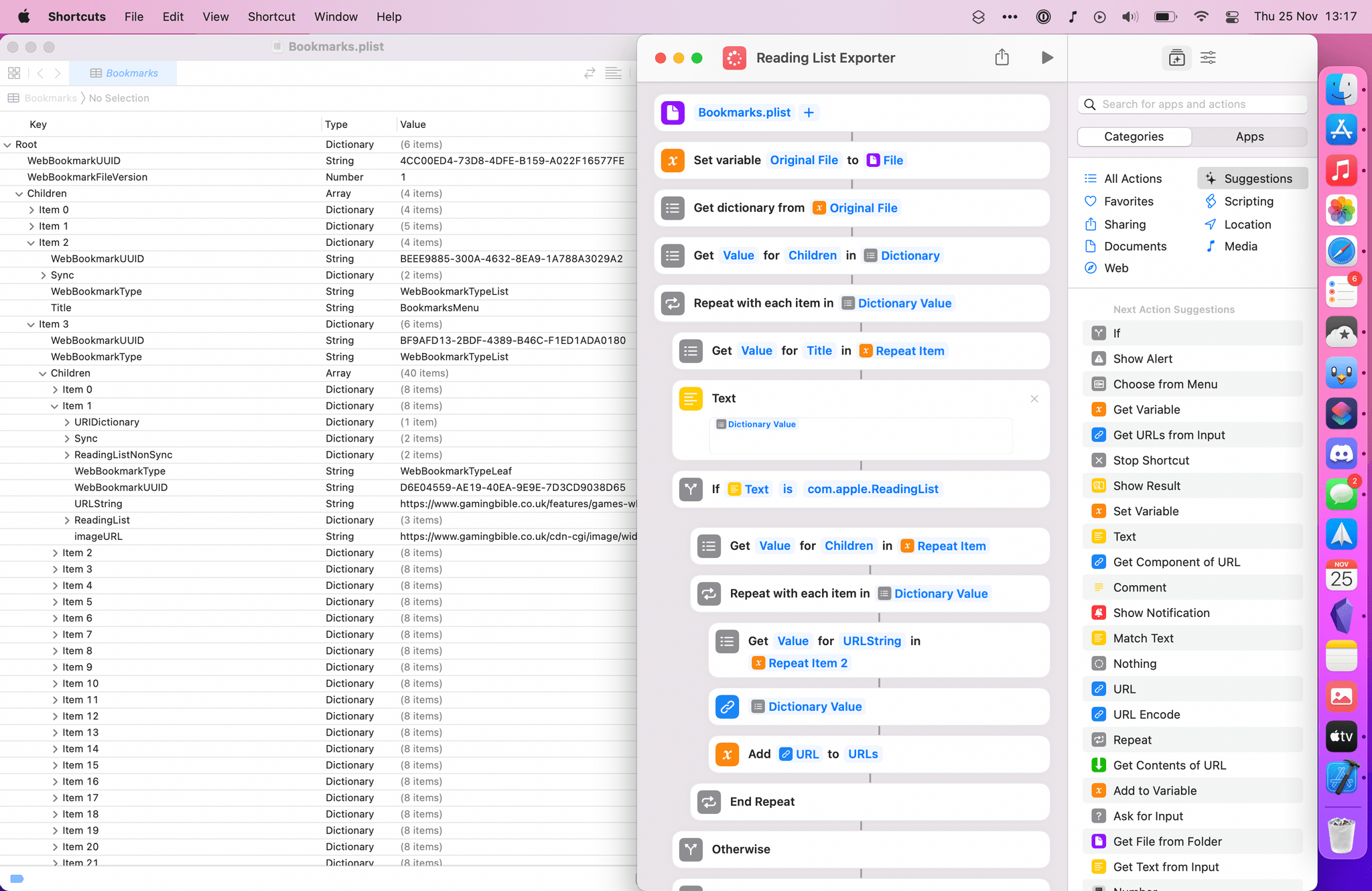 The original .plist file (left) and Shortcuts' simple way to parse it with visual actions.