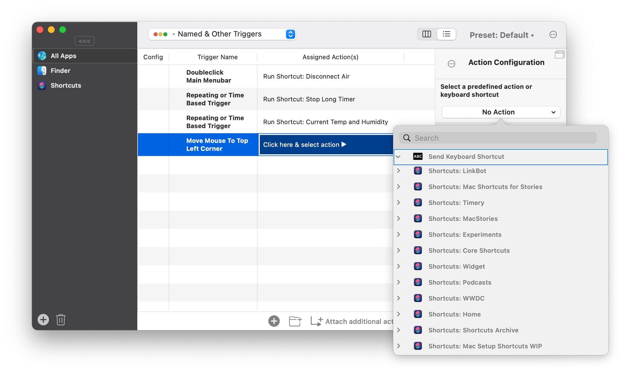 Shortcuts are neatly organized by folder and can be run using BetterTouchTool's extensive library of triggers.