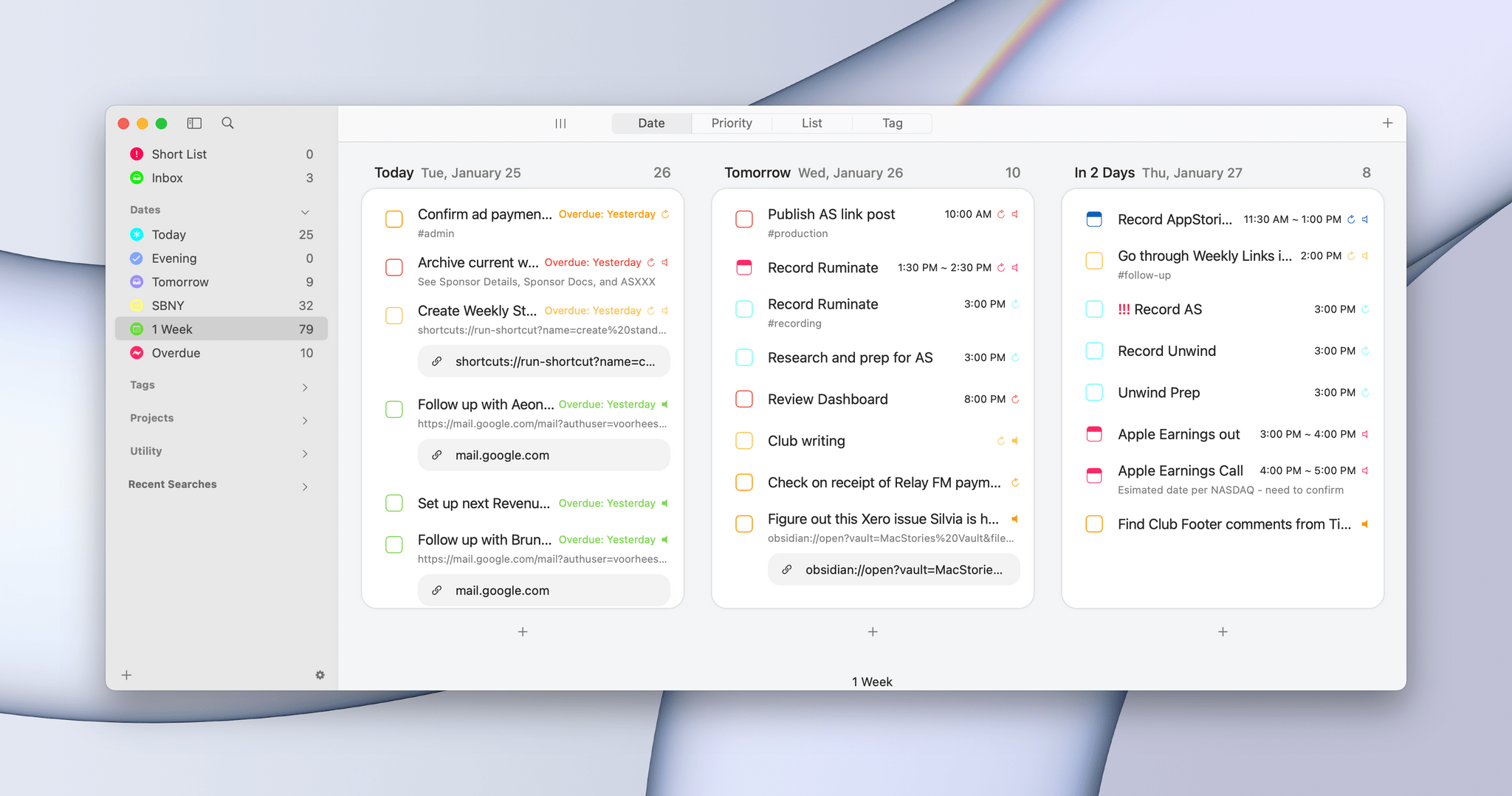 The GoodTask view linked to in my Obsidian weekly planning note.