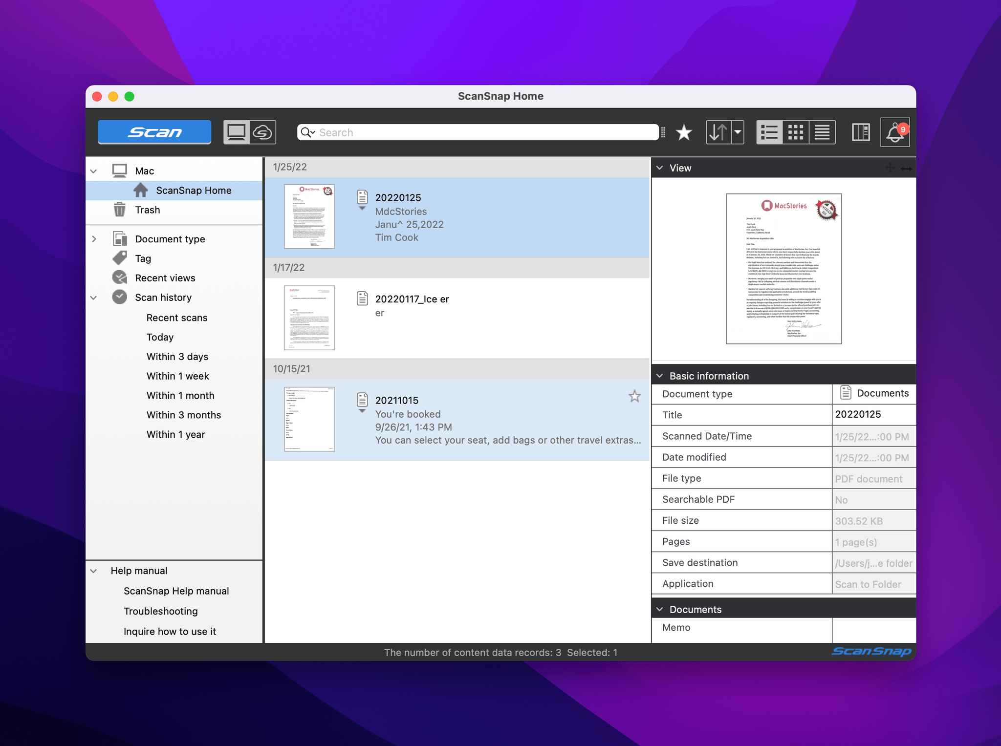 Organizing documents with ScanSnap Home.