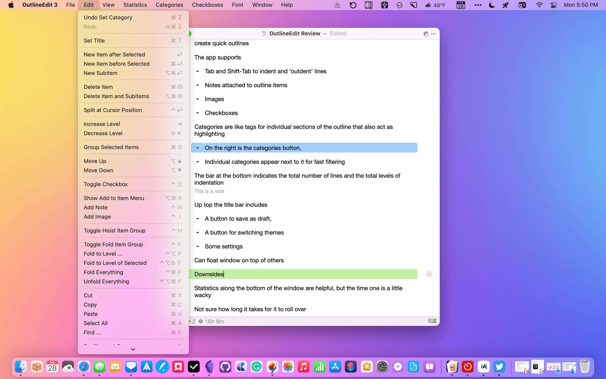 A sampling of OutlineEdit's many keyboard shortcuts.