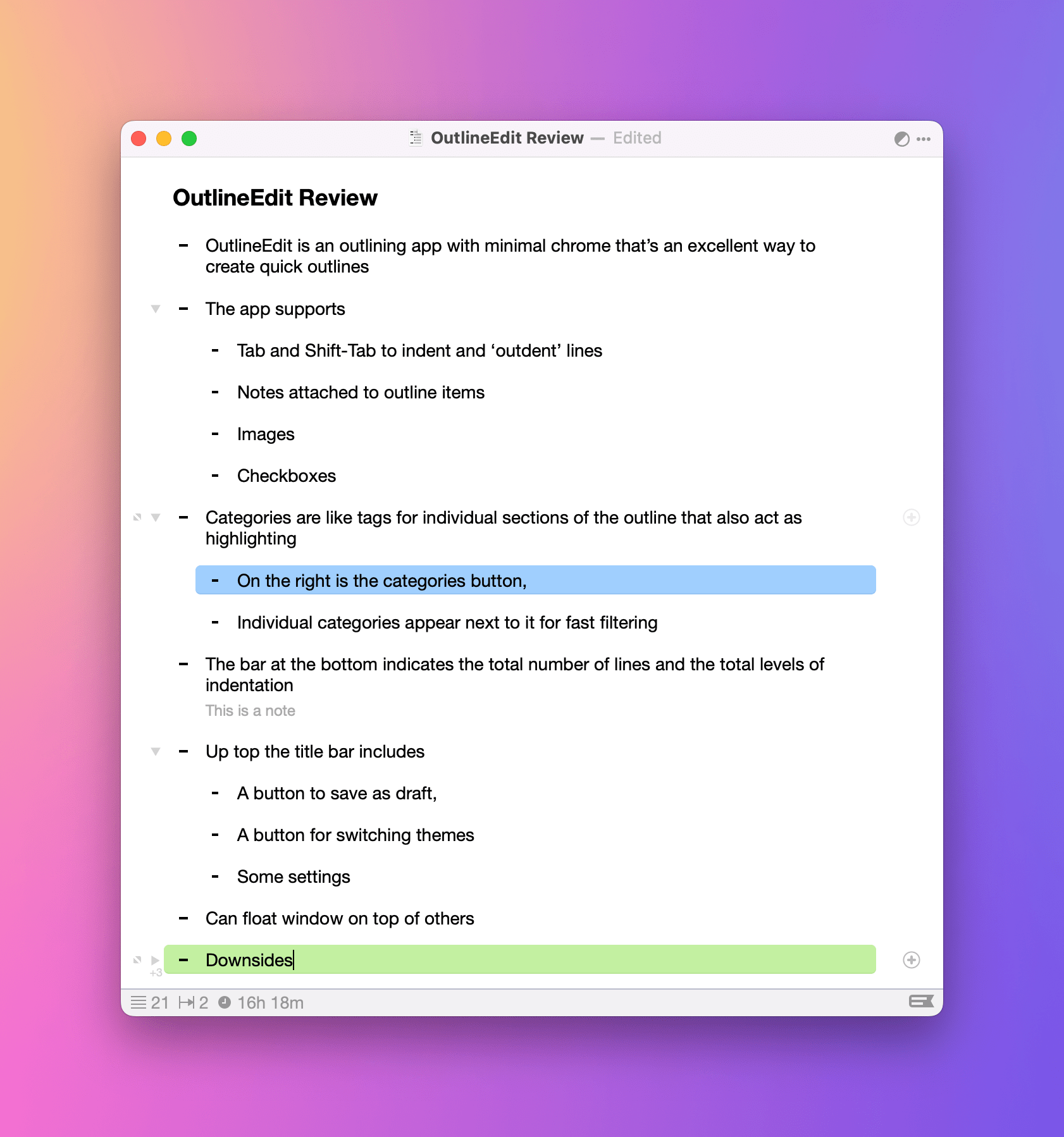 Here, I'm using blue and green categories to highlight a couple of lines of an outline.