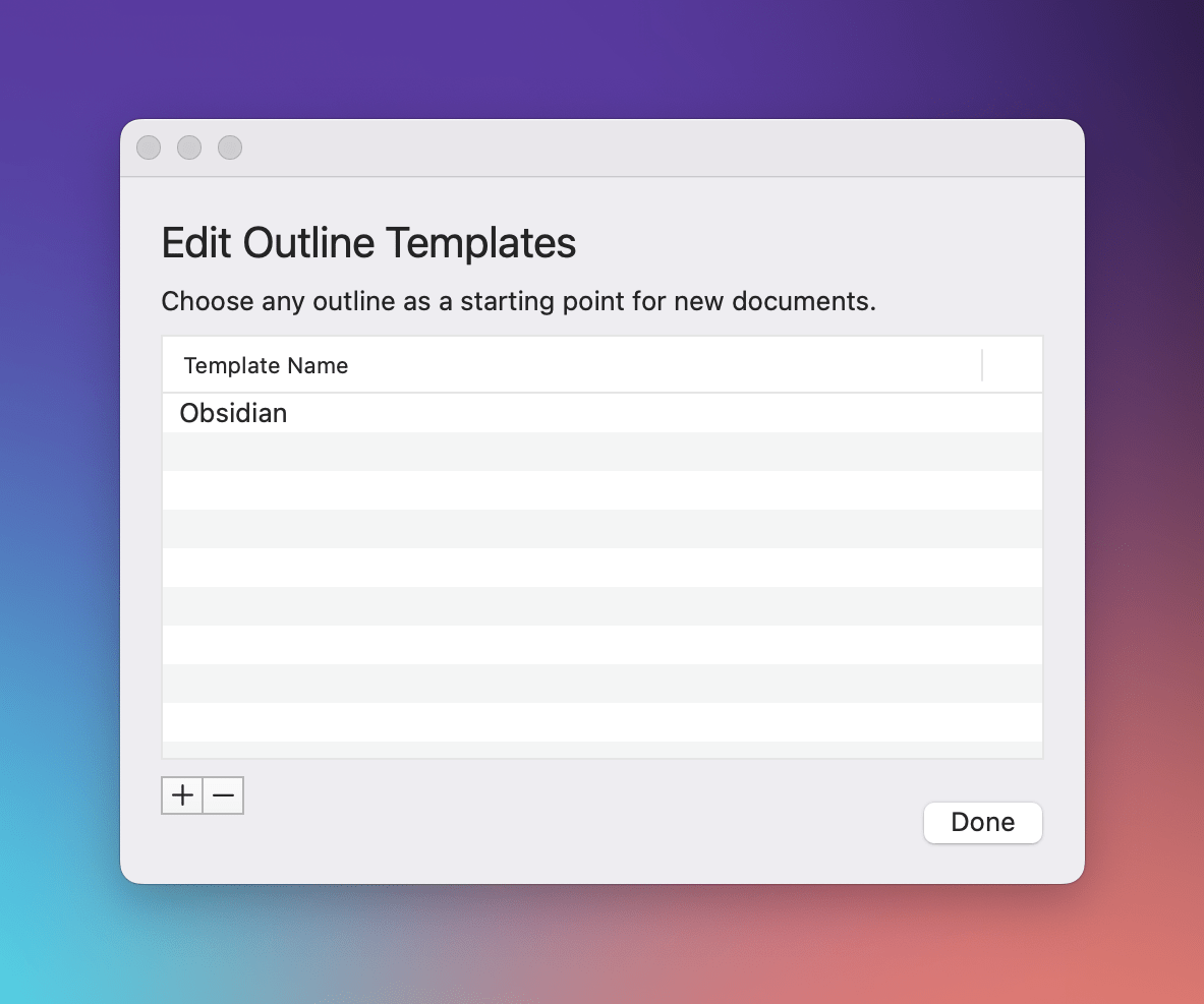 OutlineEdit's UI for managing and using templates.