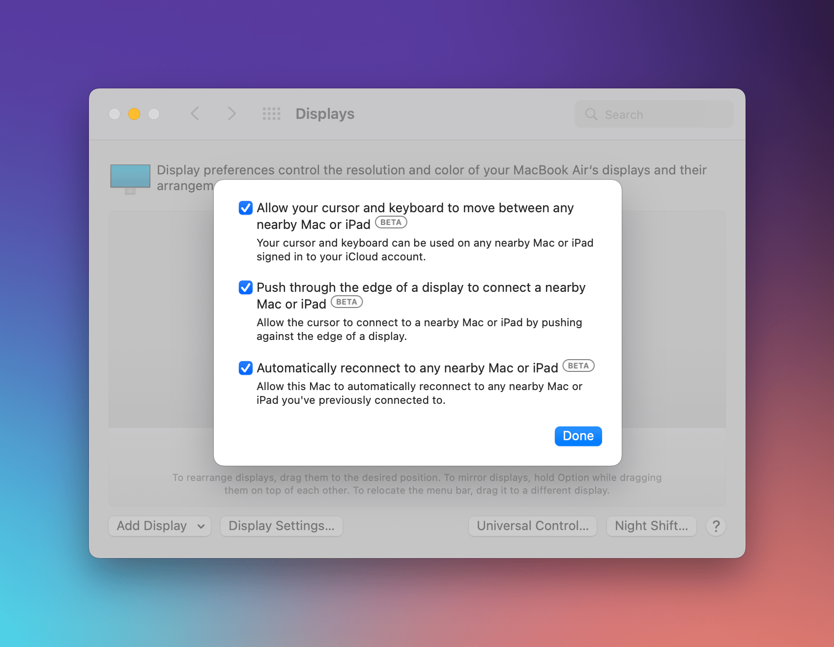 Universal Control's System Preferences settings.