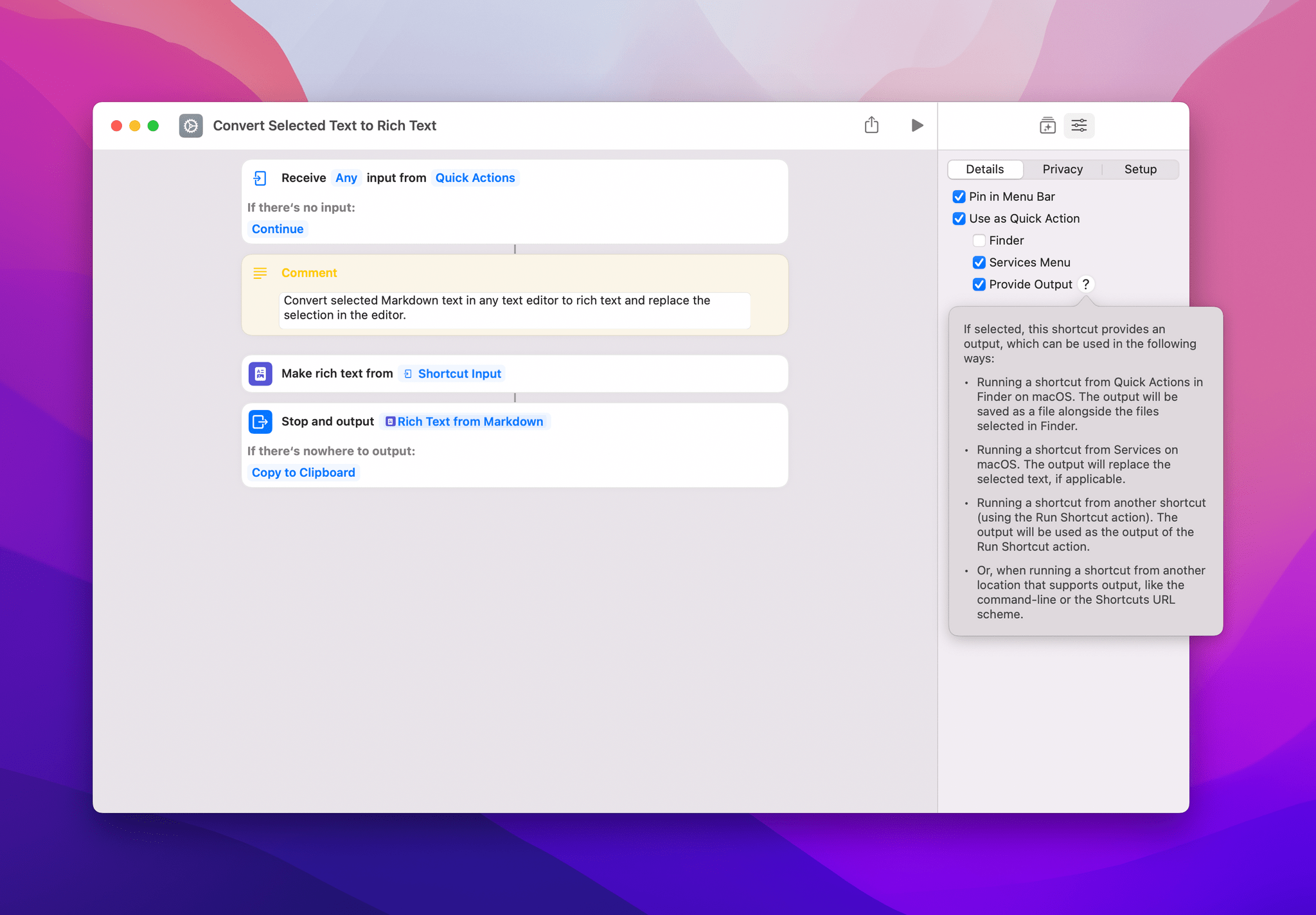 The new Provide Output option in Shortcuts for Mac.