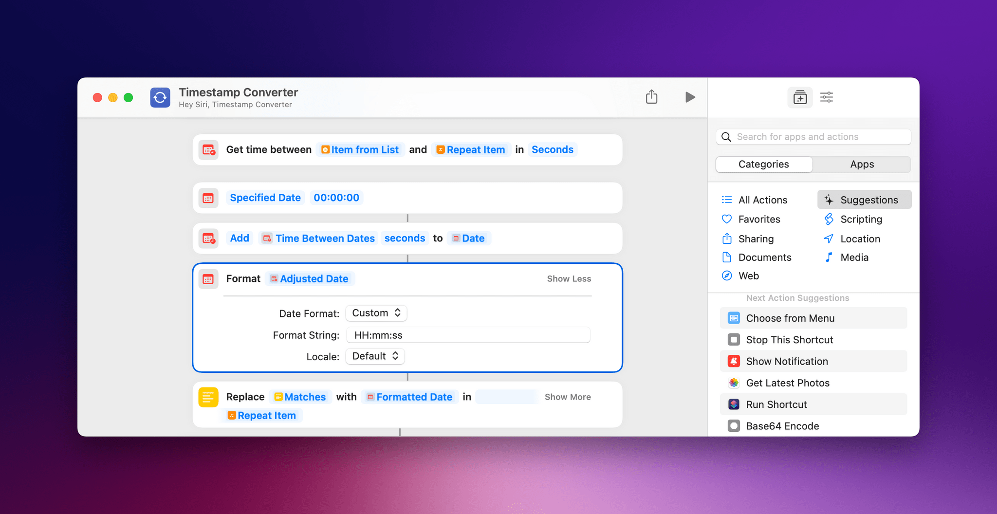 The key to the conversion process is setting the clock to 00:00:00 and adding the time difference between each timestamp.