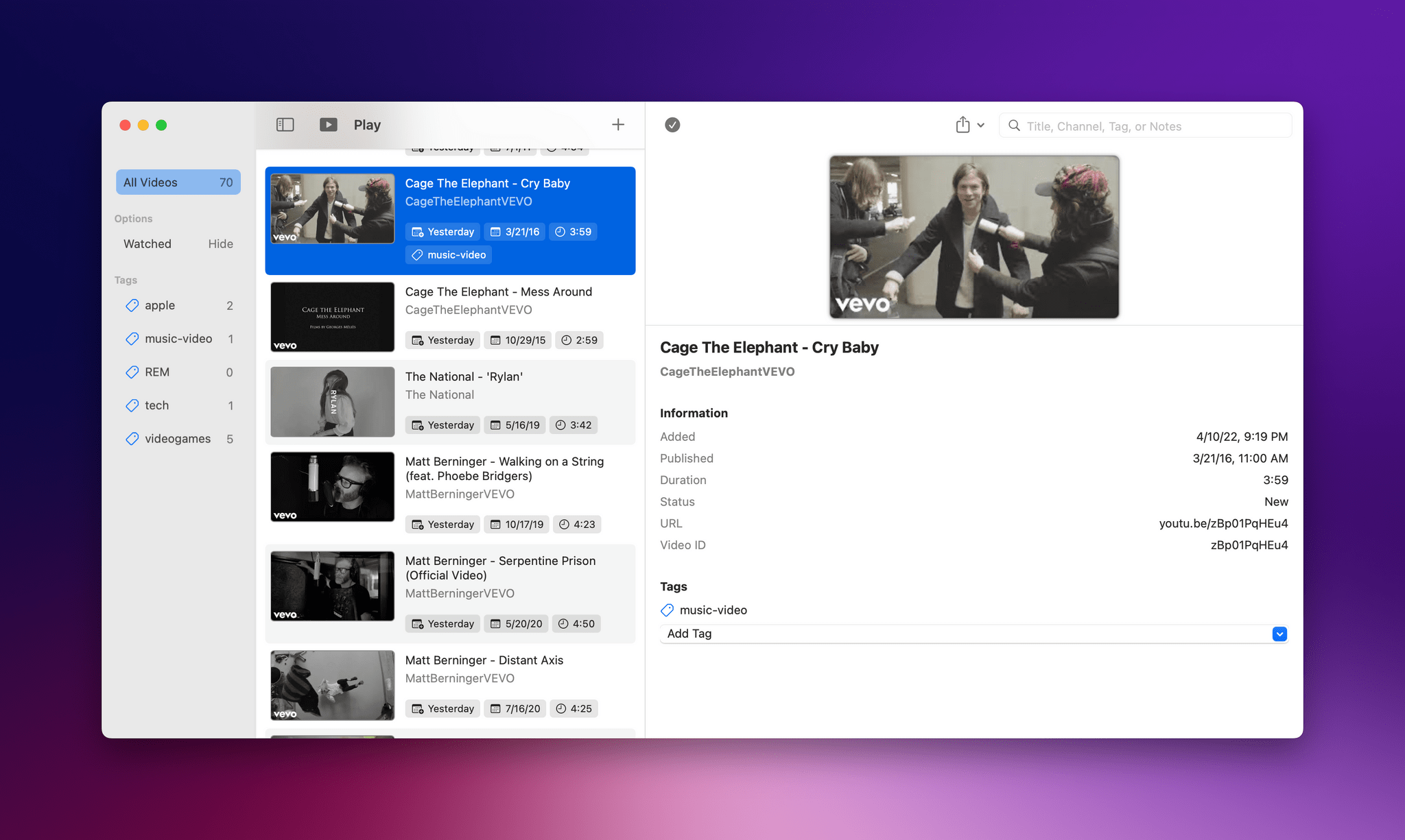 The elegance of myTunes is that all I have to do is tag music videos with 'music-video' as I add them to Play. Shortcuts and Channels do the rest.