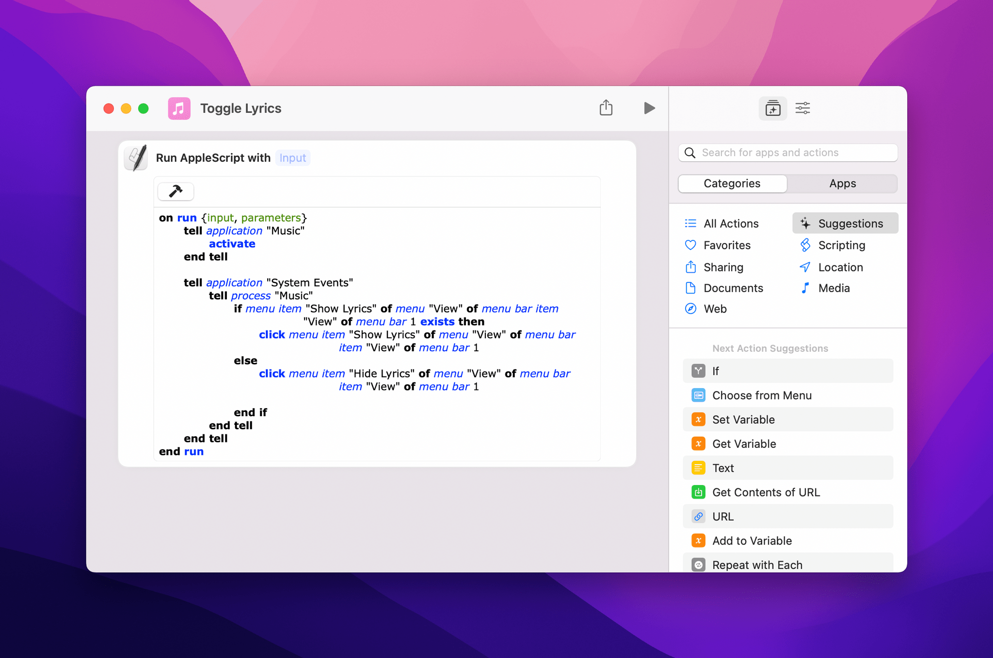 GUI scripting with AppleScript in Shortcuts.