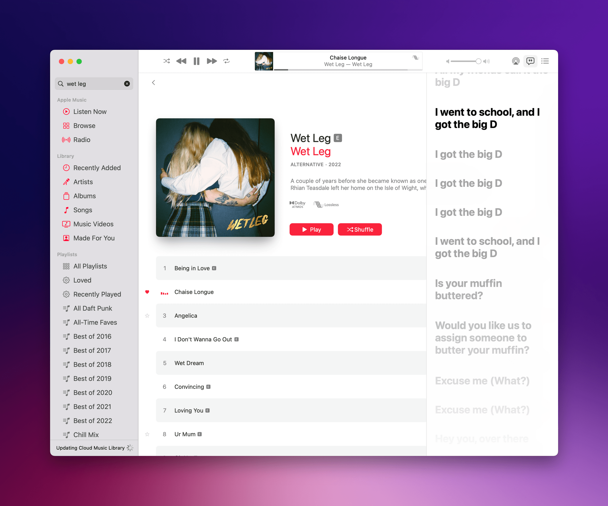 The lyrics sidebar in the Music app for Mac.