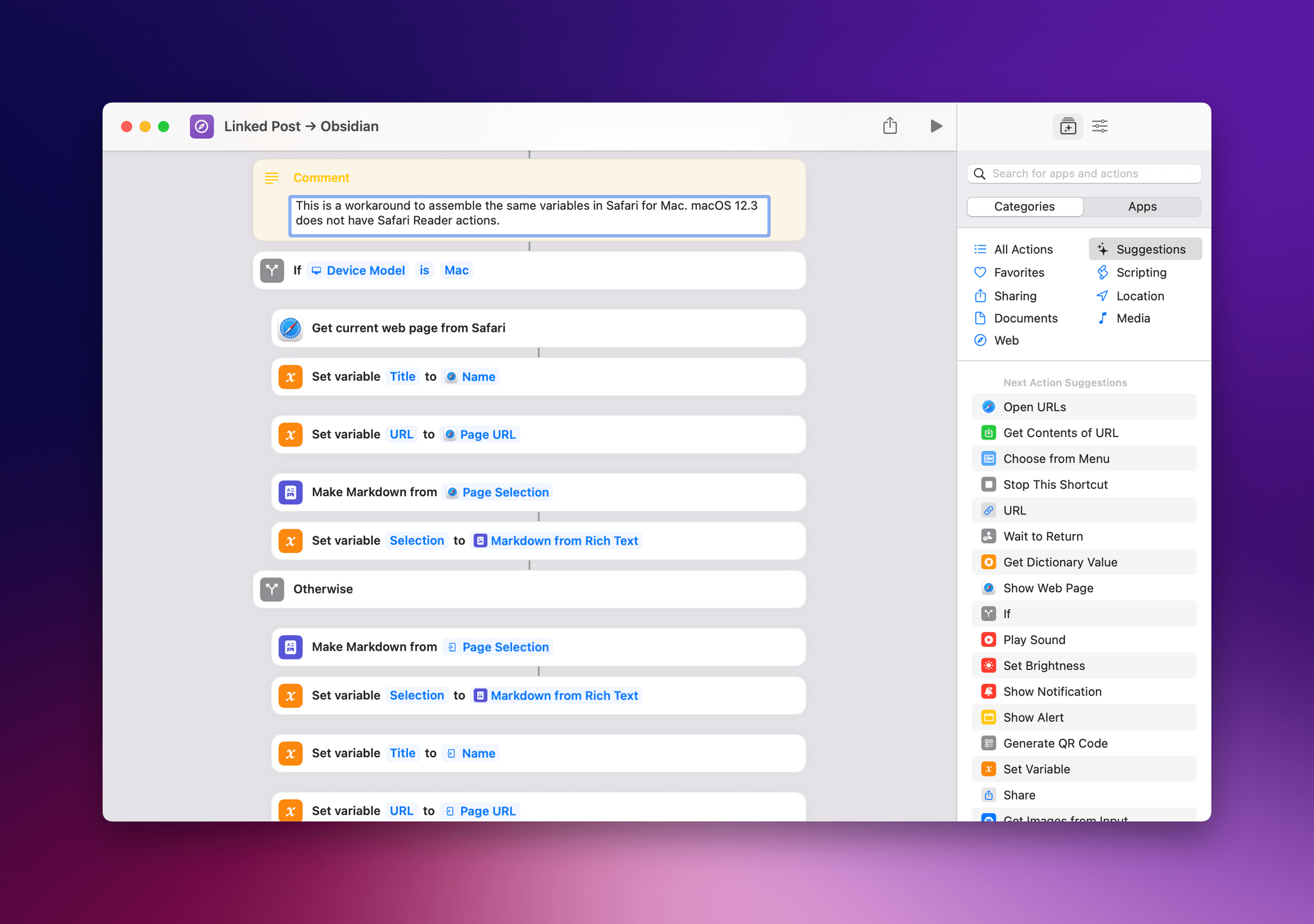 The workaround I had to use for the shortcut running on macOS.
