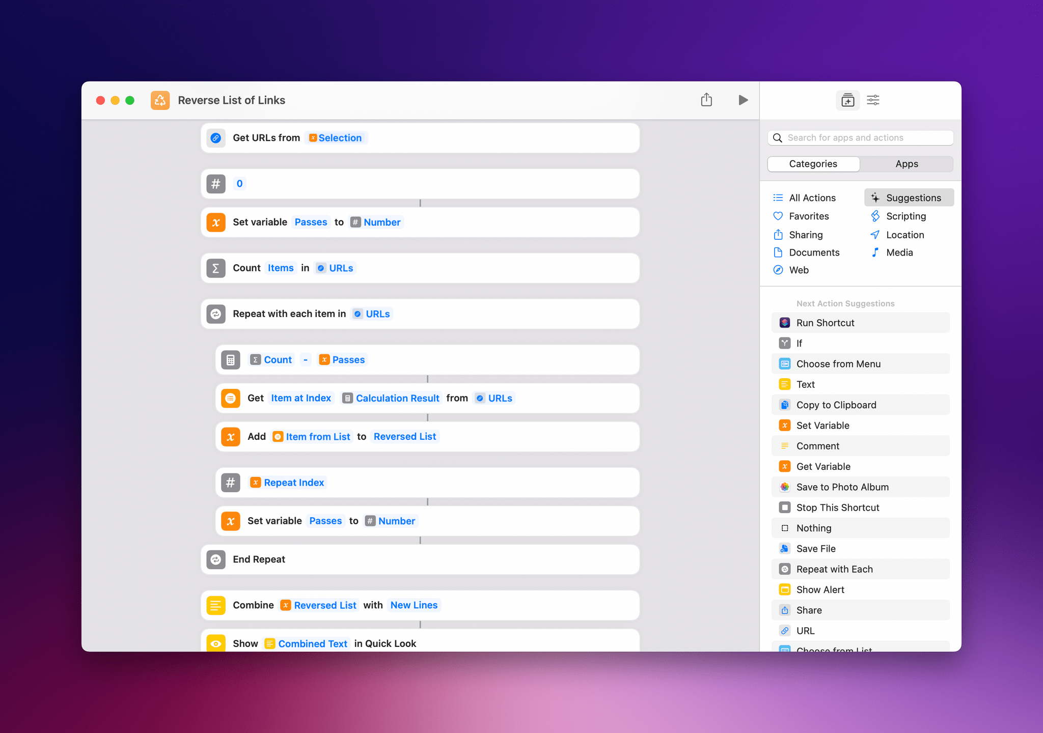You can use this technique to reverse any list of items in Shortcuts.
