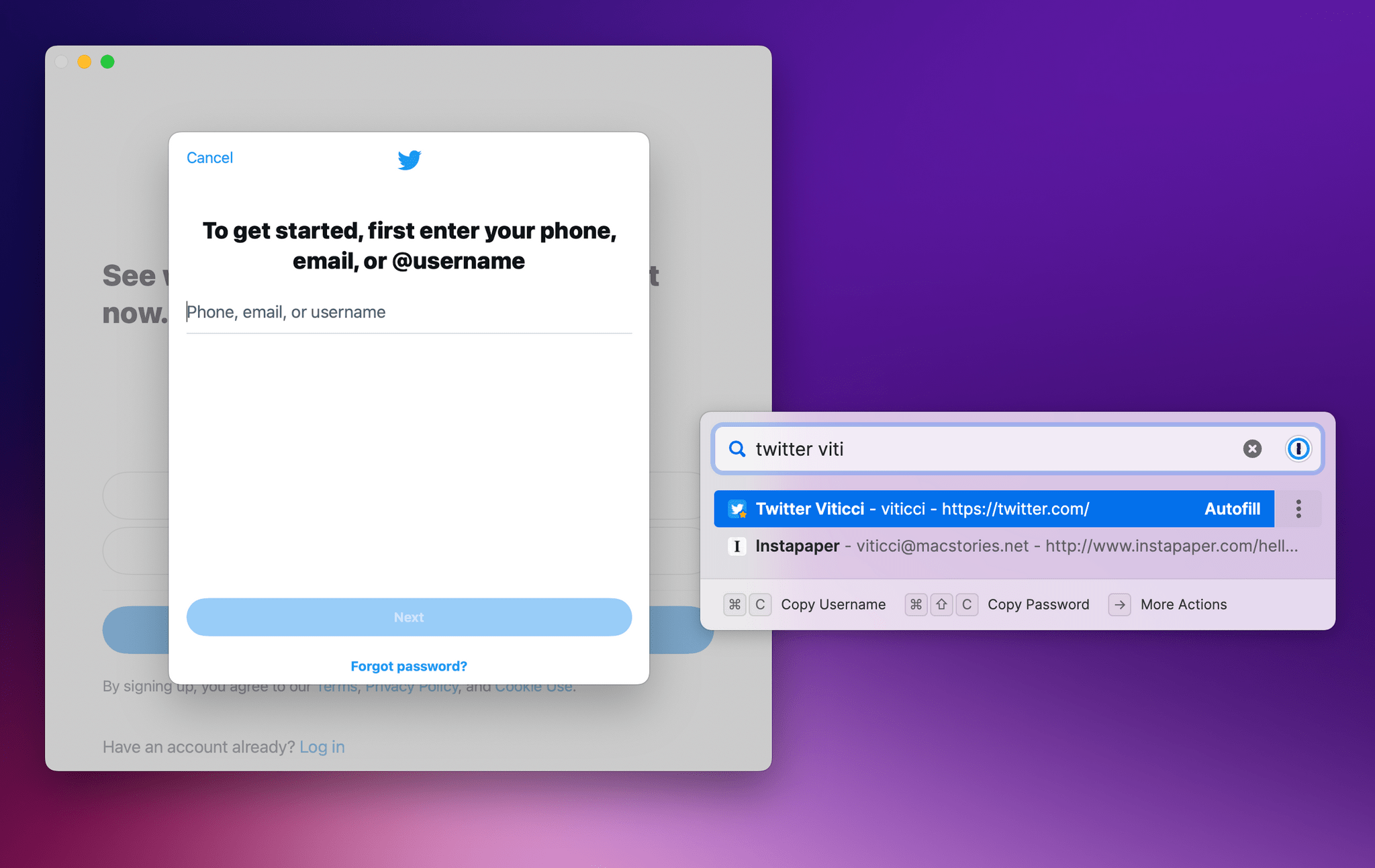 1Password's new system-wide autofill can fill usernames, passwords, and one-time authentication codes in apps. In this case, it worked perfectly in Twitter for Mac.