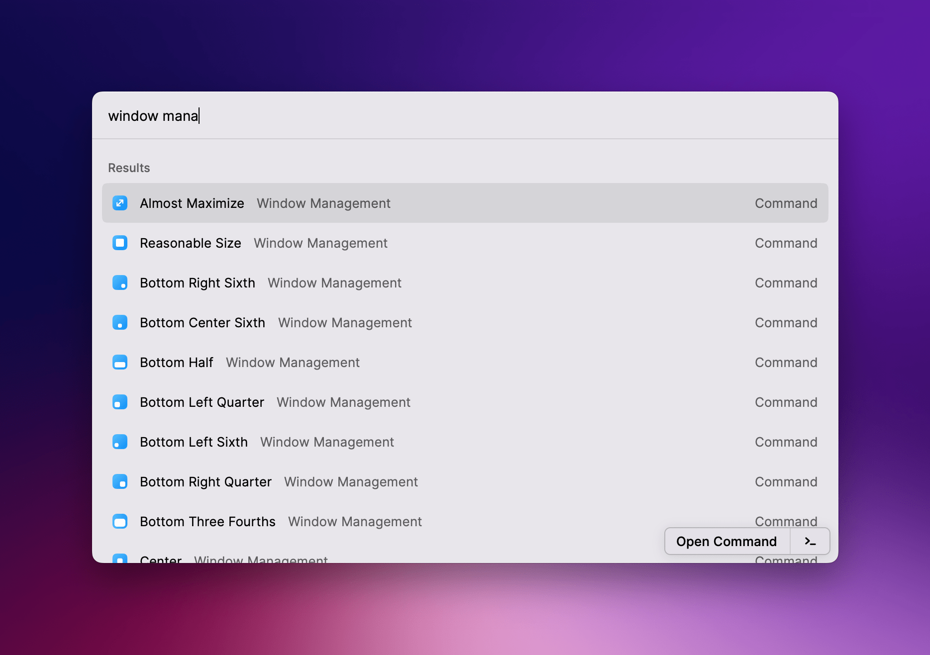 Some of Raycast's window management commands.