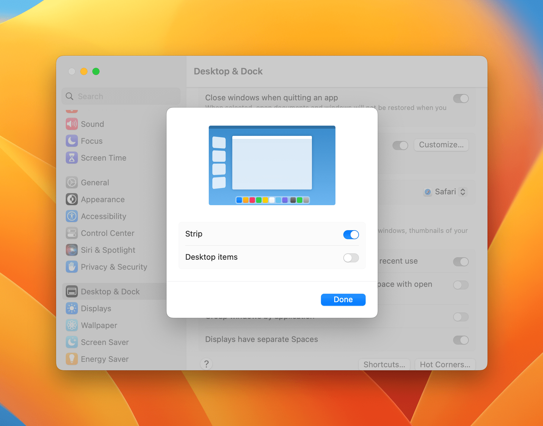 Customizing Stage Manager in System Settings.