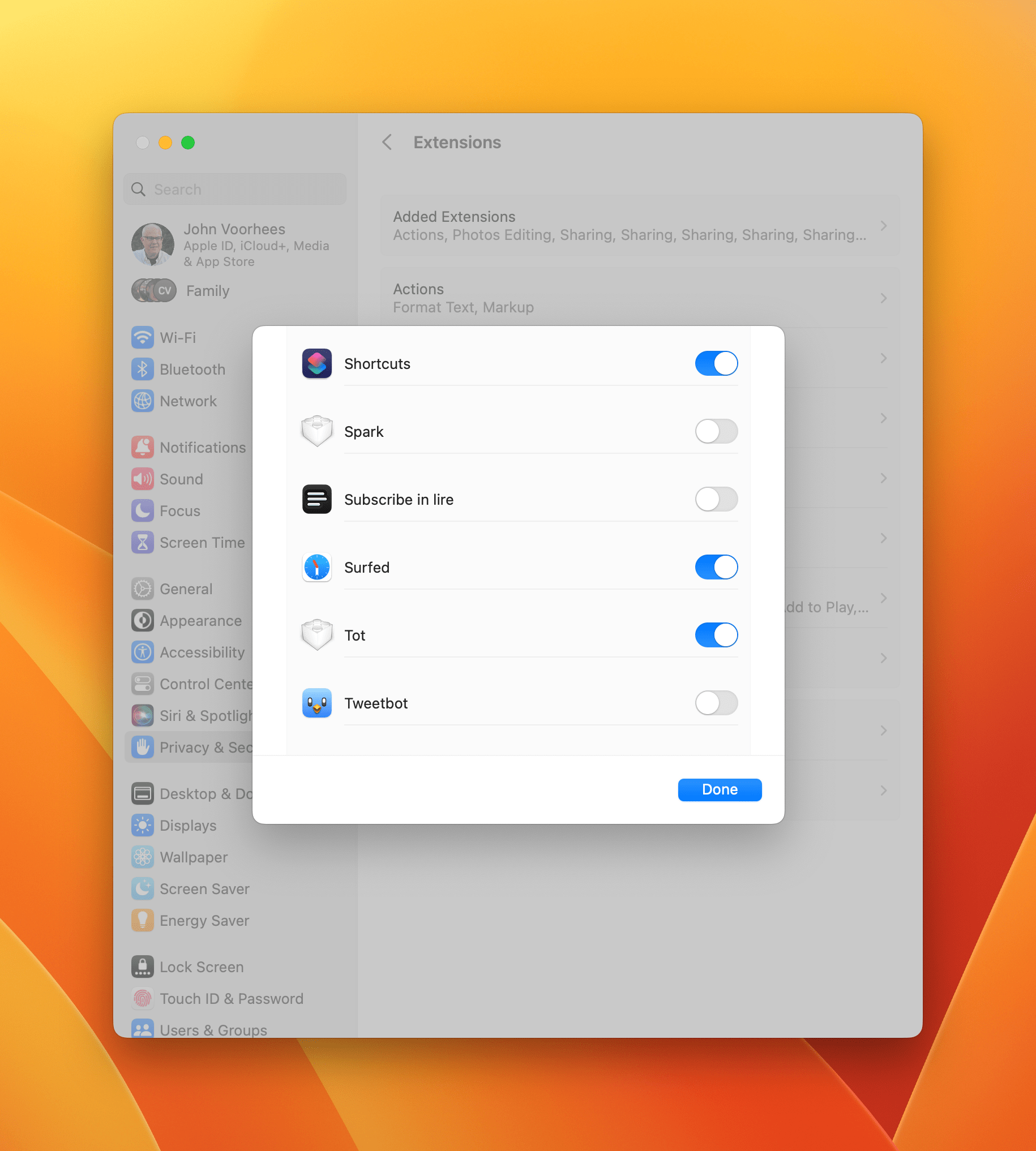 Enabling Shortcuts's share extension in System Settings.