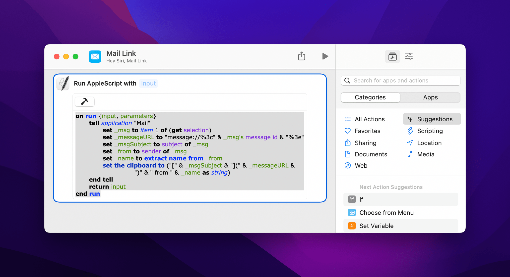 Producing Markdown Hyperlinks to Mail Messages with Shortcuts and AppleScript