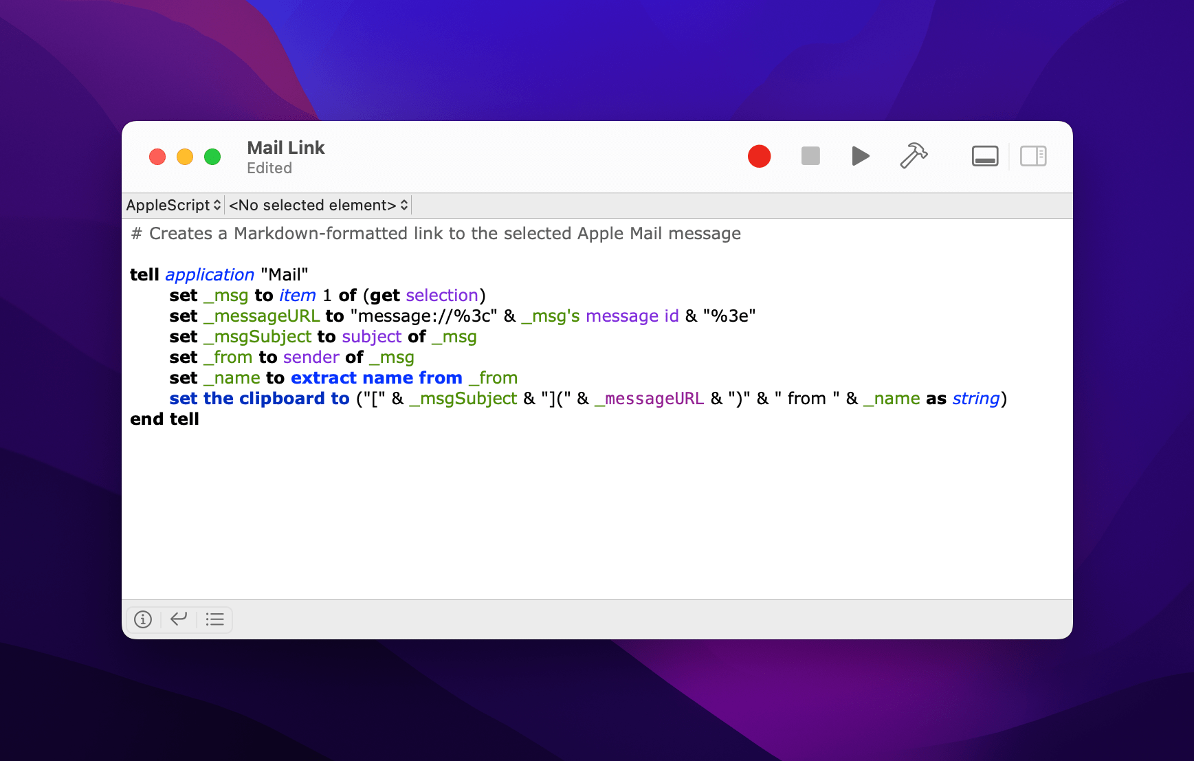 Generating a Markdown-formatted link to a Mail message with sender information using AppleScript