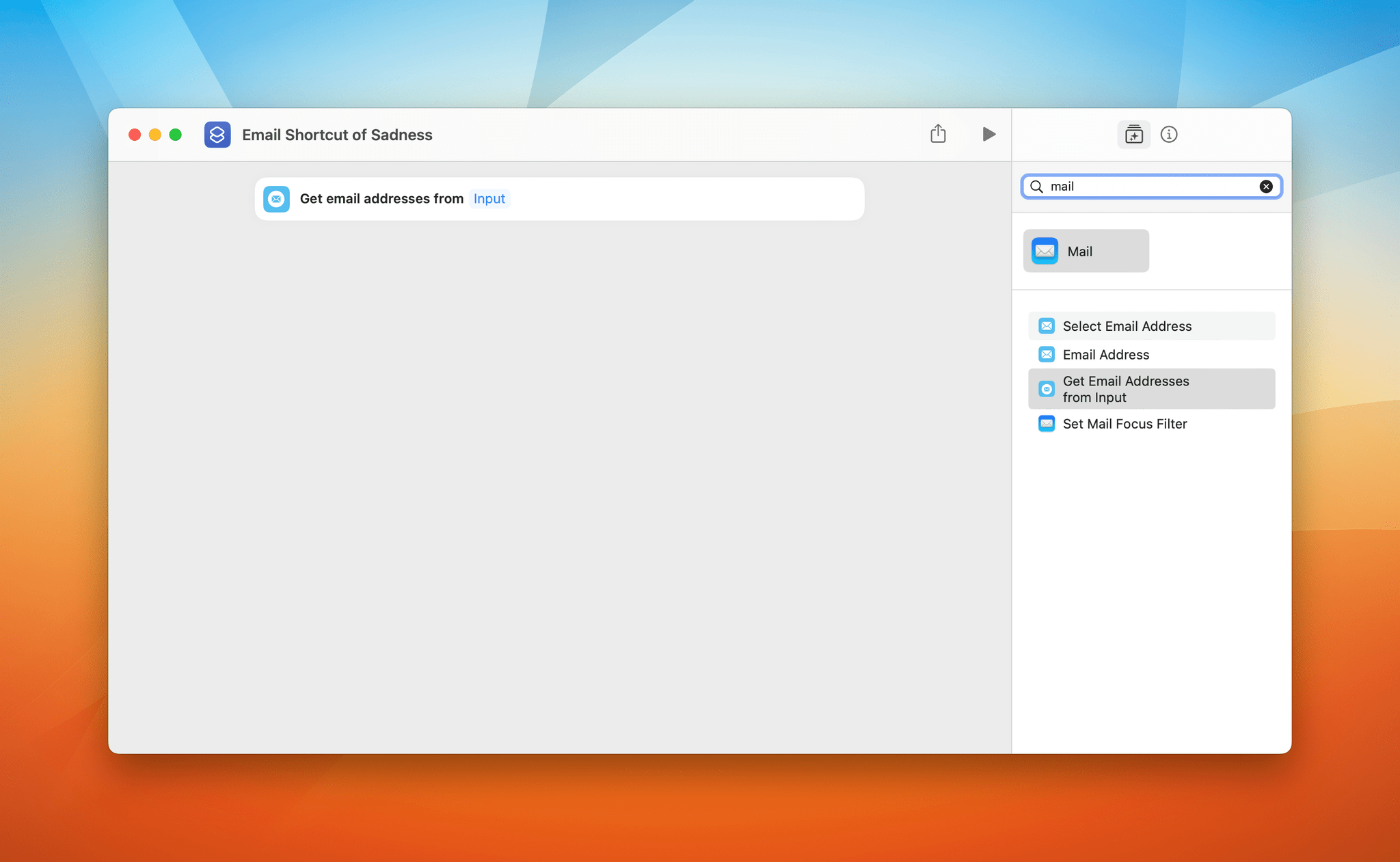 Behold, Mail's four shortcuts actions.