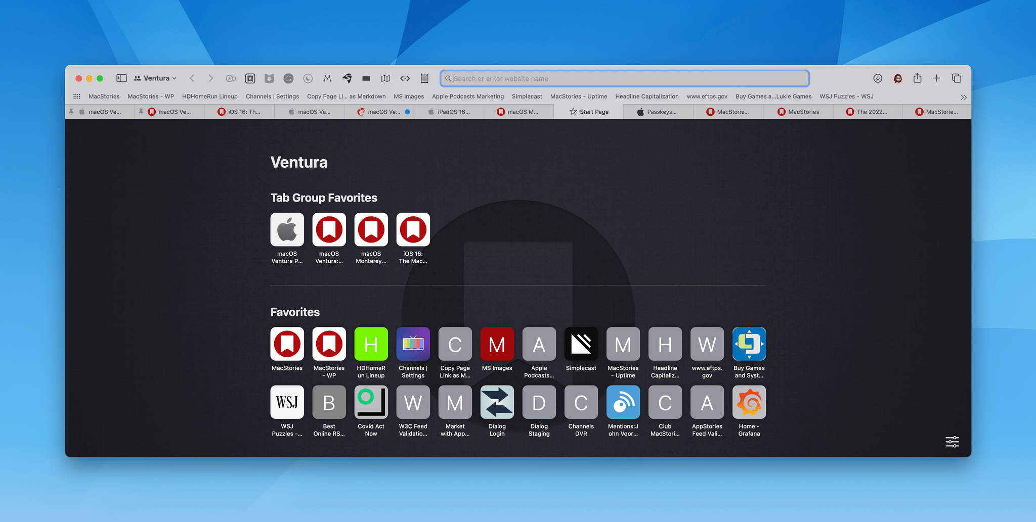 My Ventura review tab group has its own set of favorites and a unique wallpaper to make it easy to spot visually.