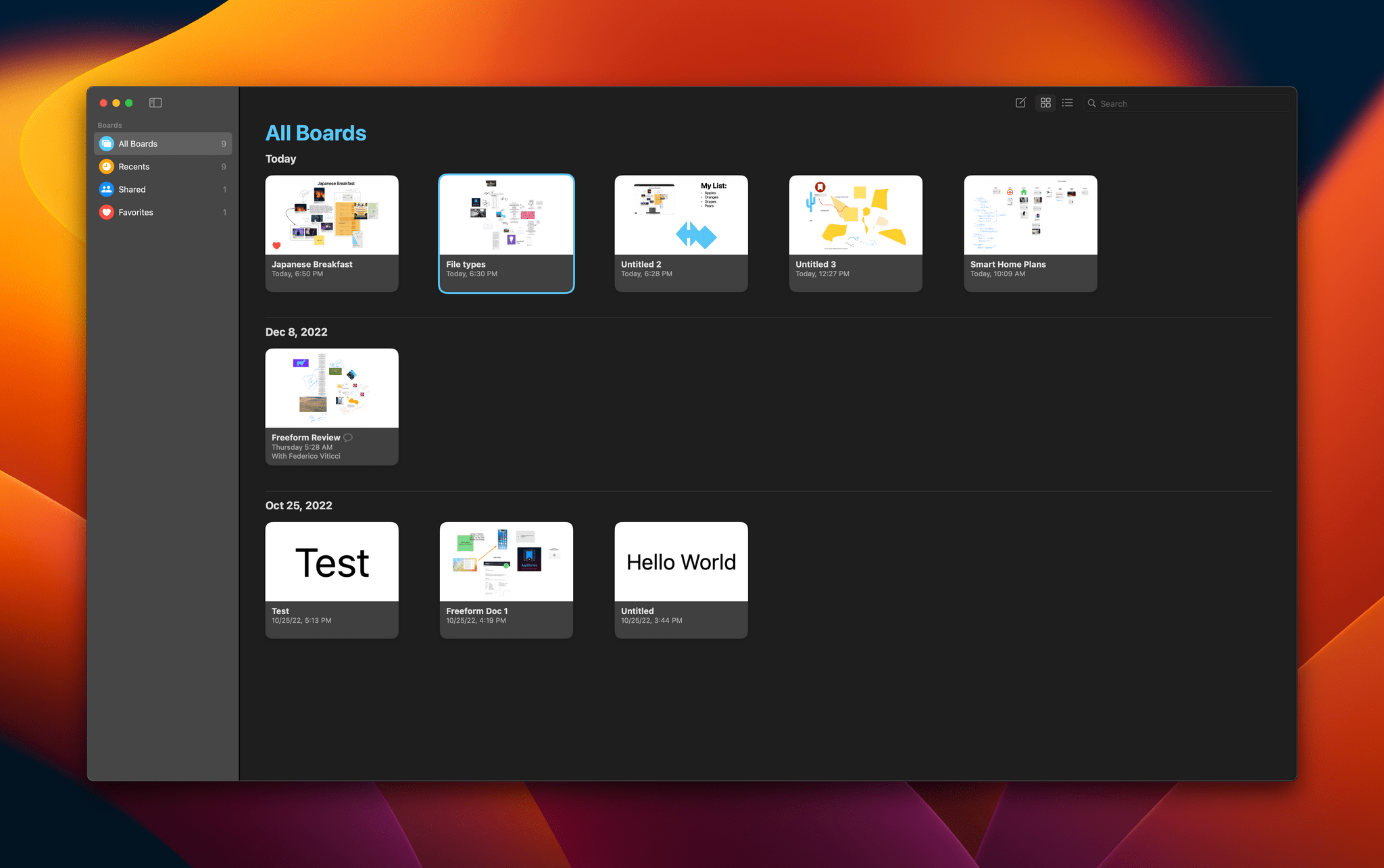 Boards viewed as icons and grouped by date.