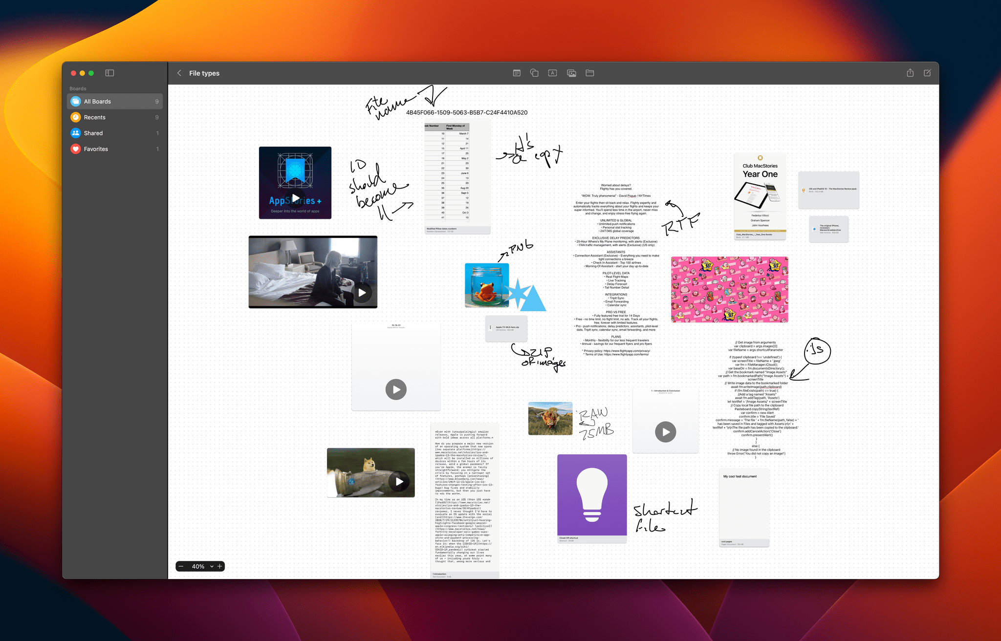 A board of some of the many file types I've tried with Freeform.