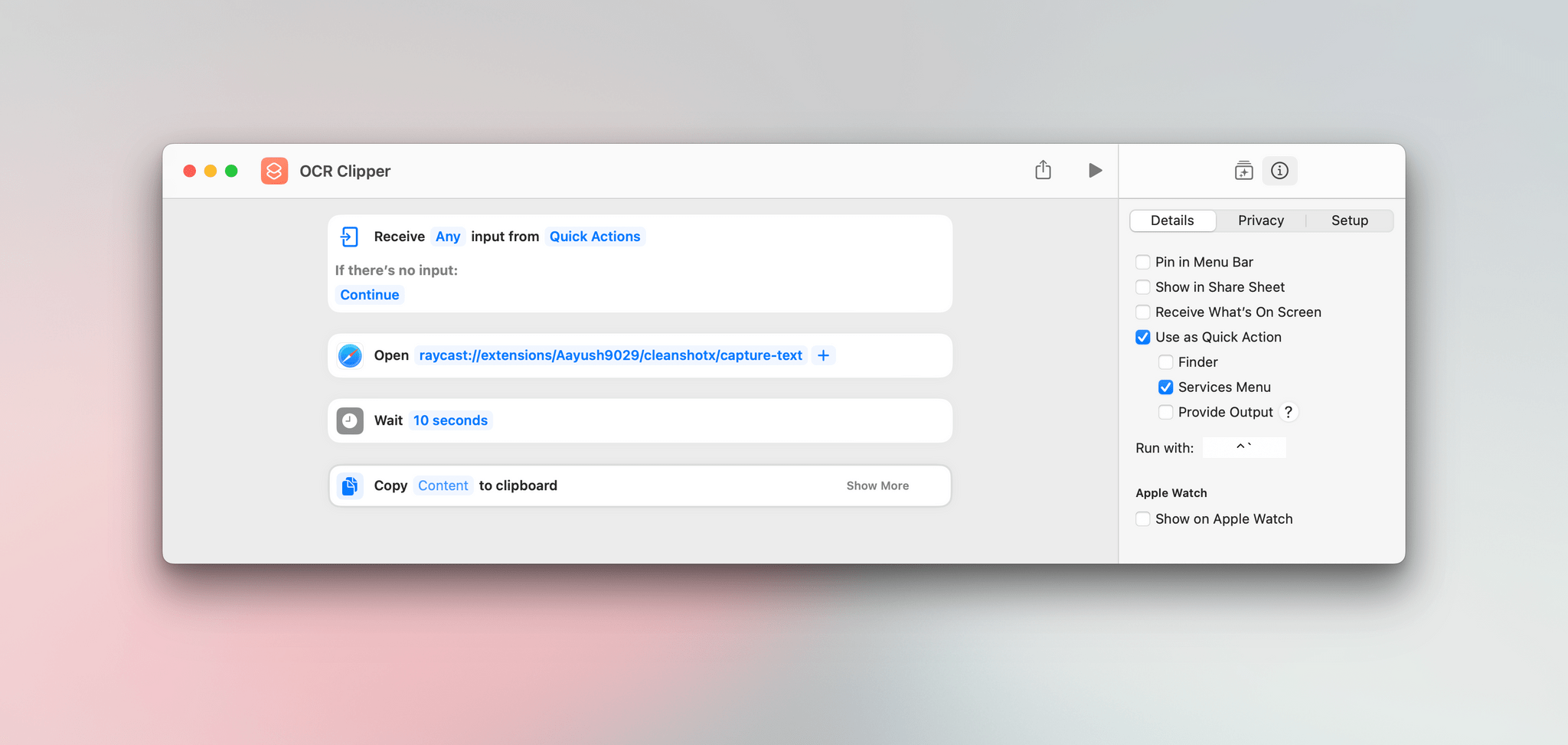 CleanShot X doesn't support Shortcuts, but with Raycast's URL scheme, it does now.