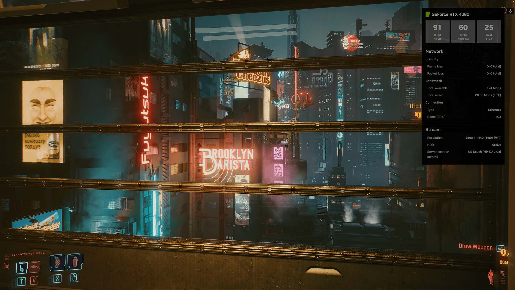 Set to Ray Tracing Ultra, Cyberpunk's neon skyline looks wondrous on the Studio Display.