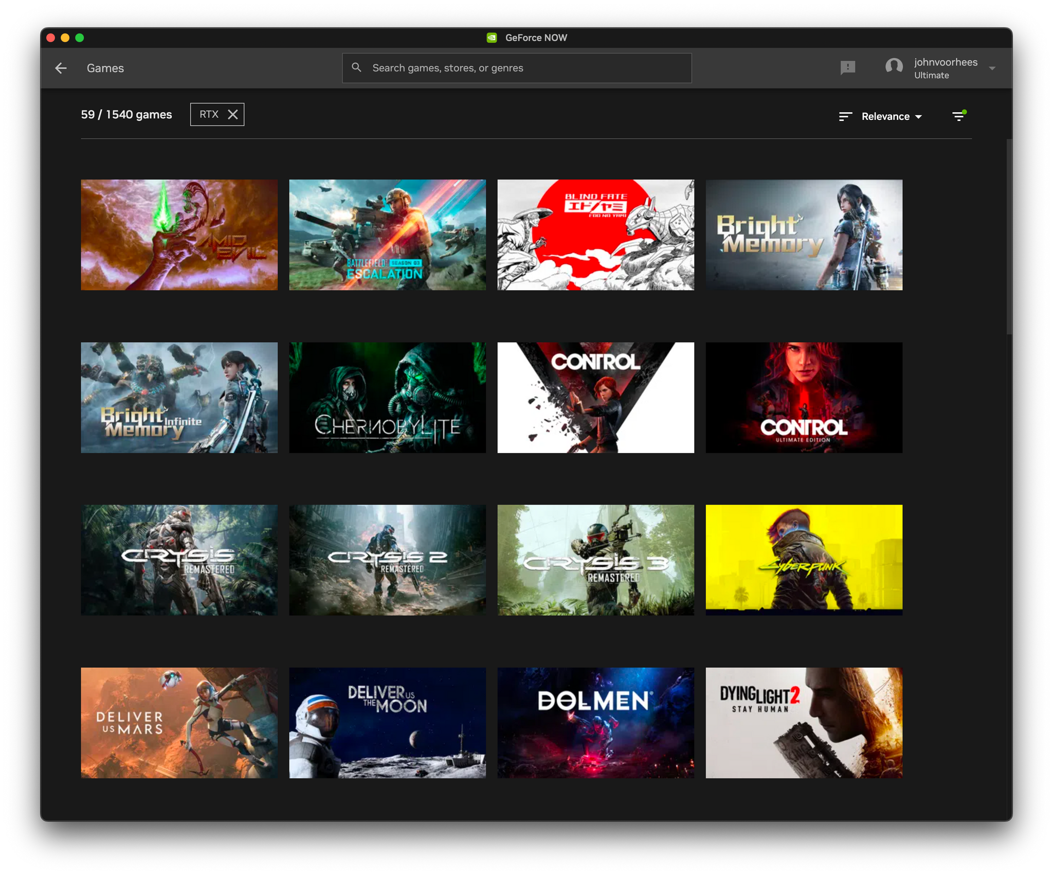 Browsing GeForce NOW-compatible games in its Mac app.