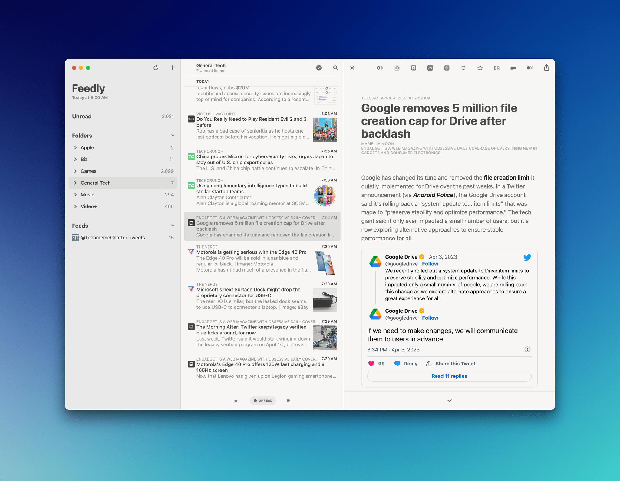 Catching up on the latest news in Reeder using [Feedly](https://feedly.com) to sync my RSS feeds.