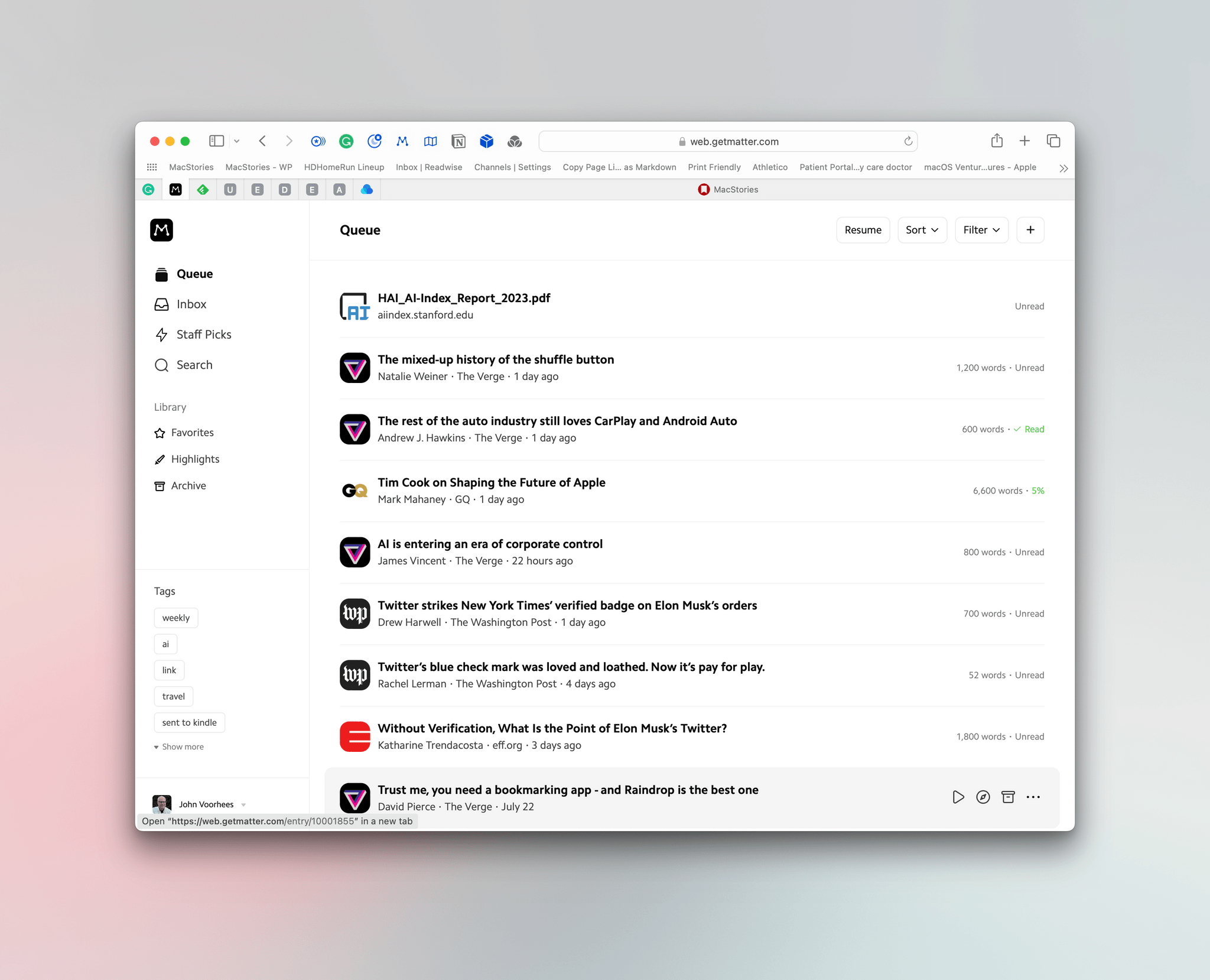 I primarily use Matter in a pinned Safari tab on my Mac.