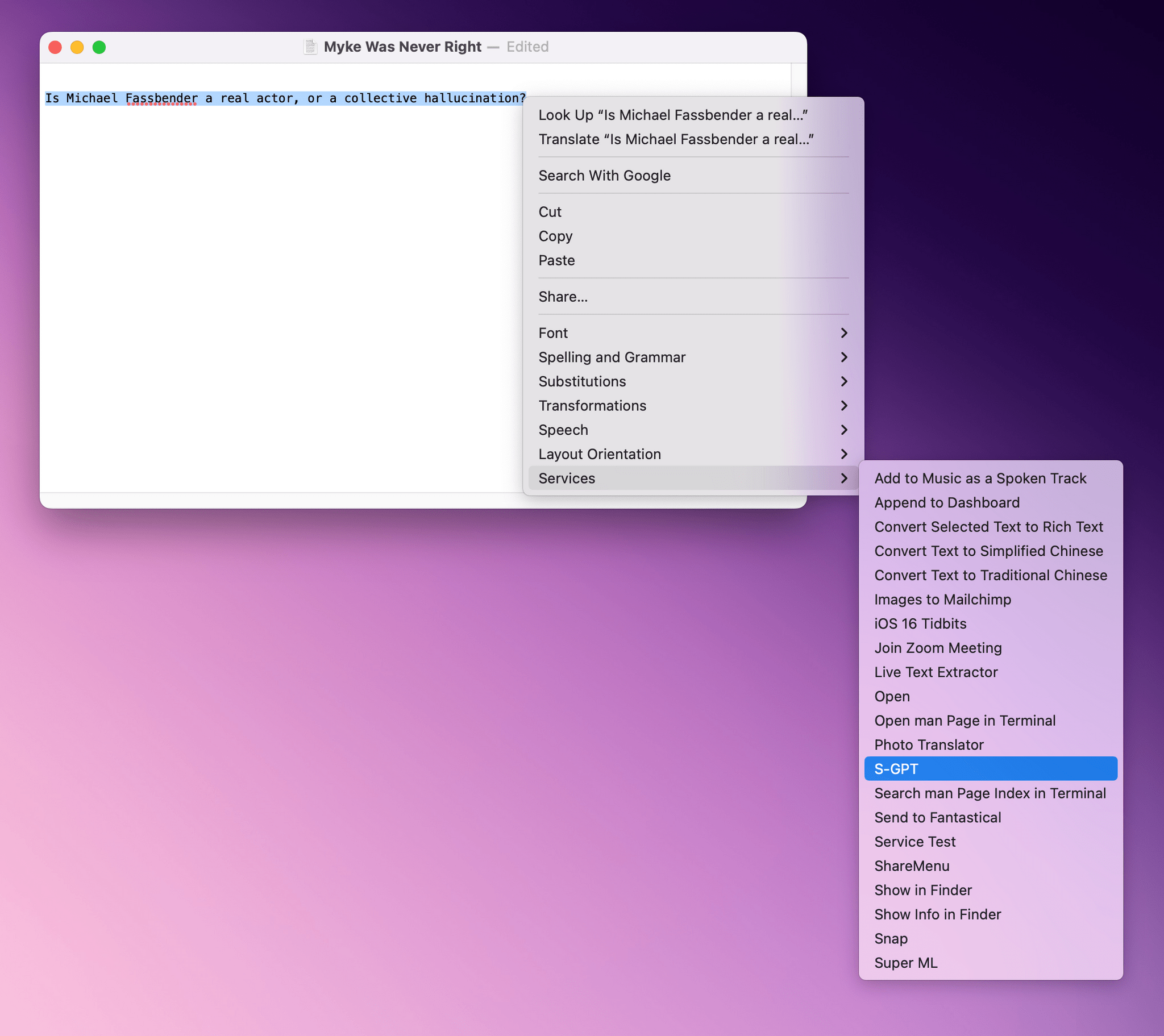 Triggering S-GPT from the Services menu on macOS.