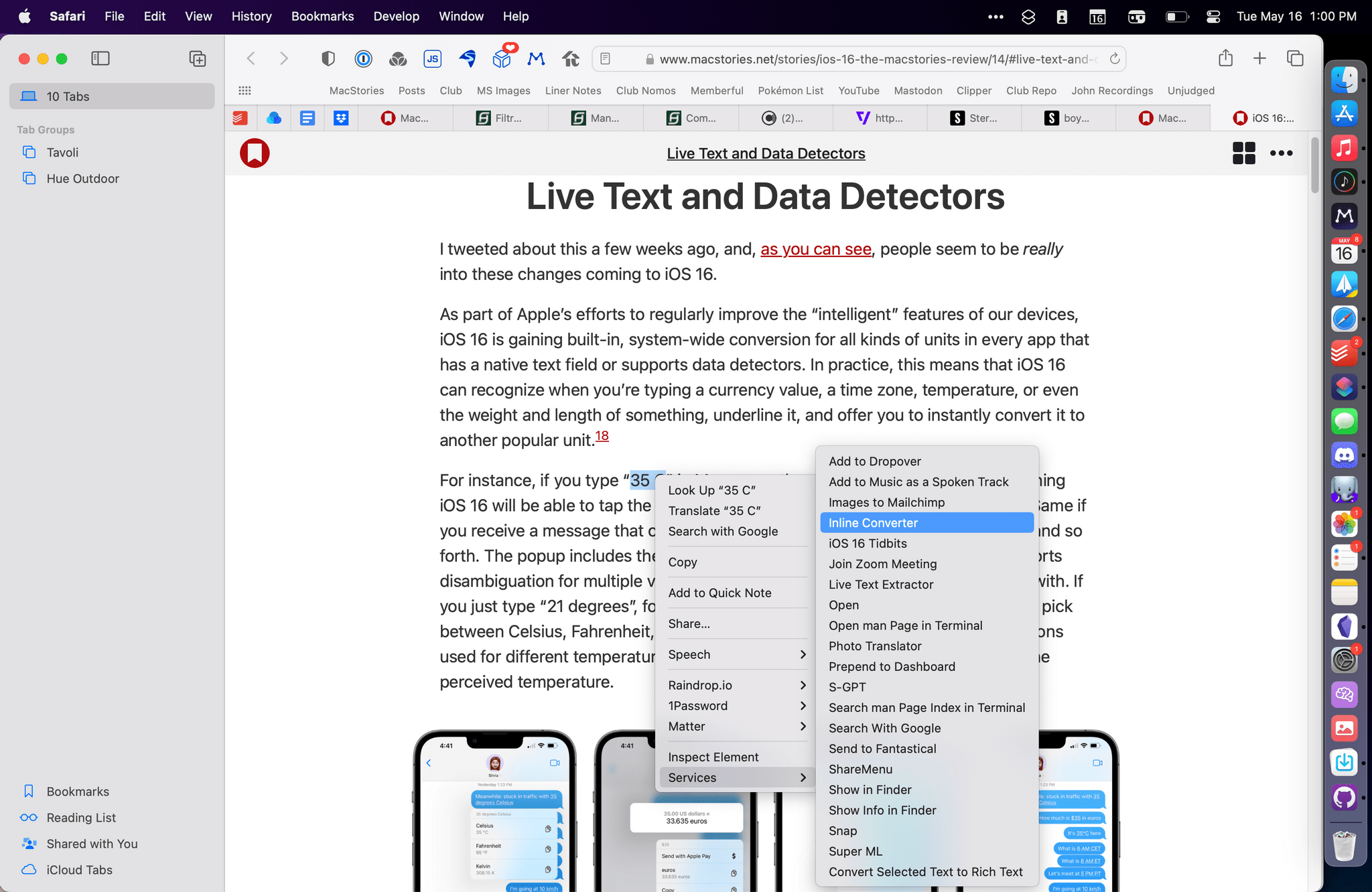 Running Inline Converter for selected text in Safari for Mac.