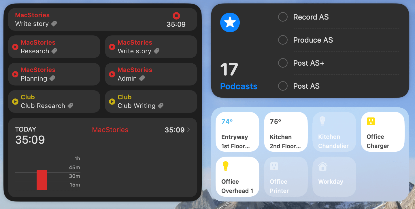Timery (beta), Reminders, and Home, are all widgets that support user interaction.