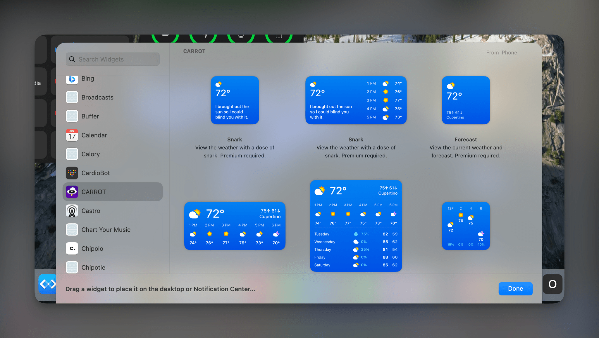 iPhone widgets like these from CARROT Weather can be added to the Mac and will update if your iPhone is on the same Wi-Fi network or nearby.