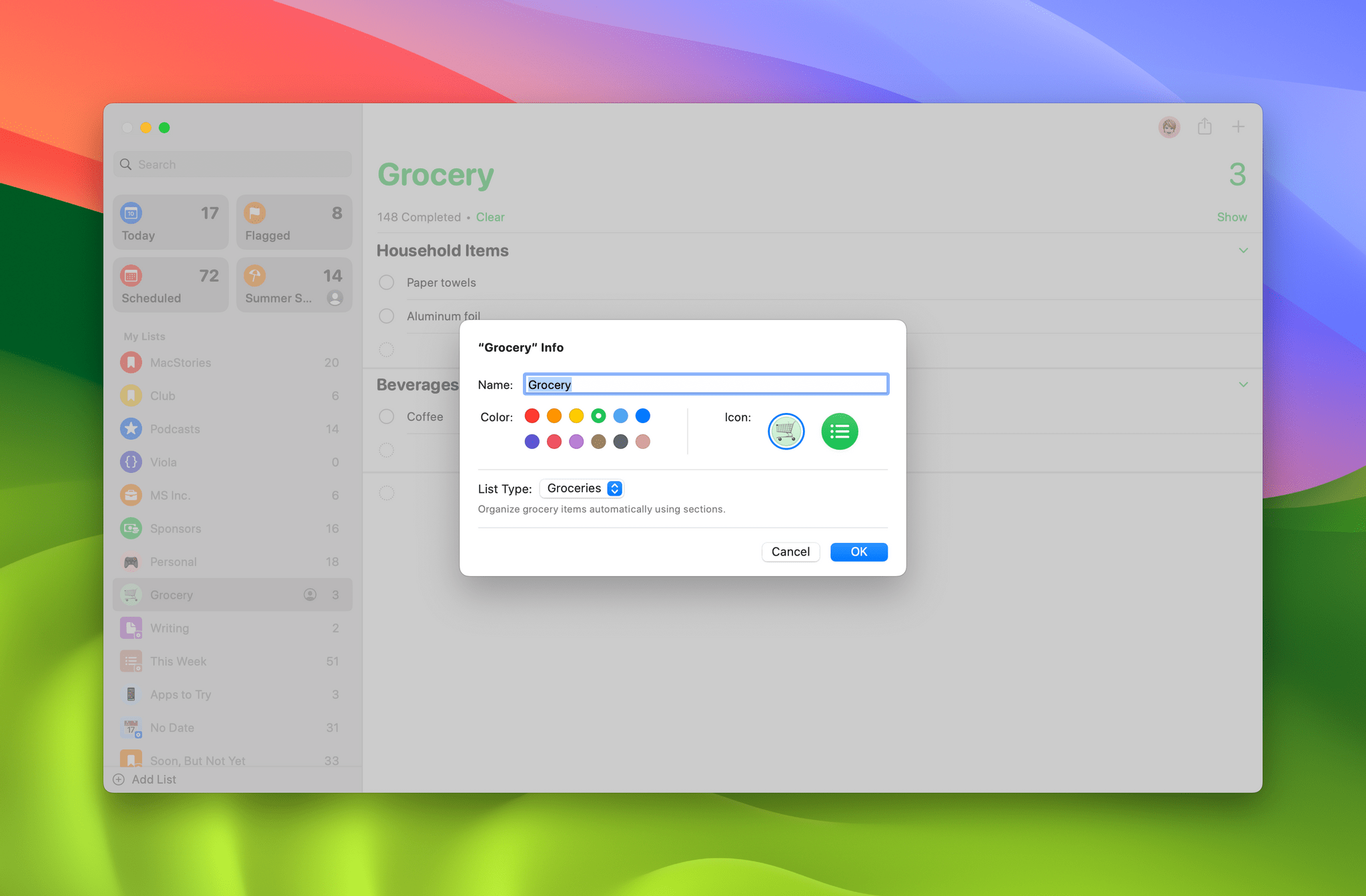 'Groceries' is a special new list type in Reminders.