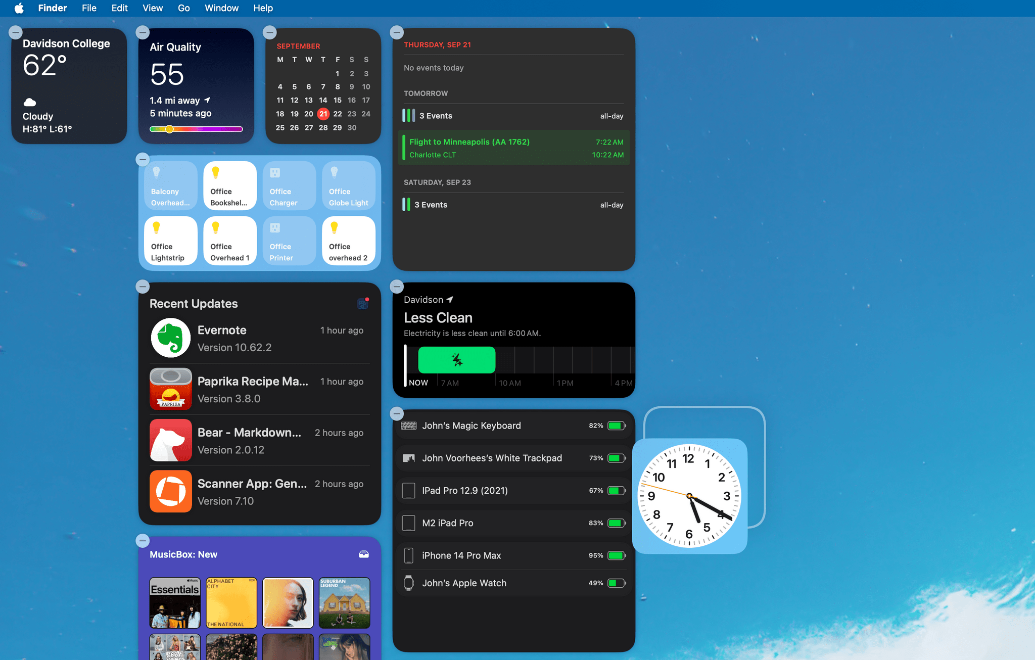 A Clock widget guided into alignment using Sonoma's automatic grid layout.