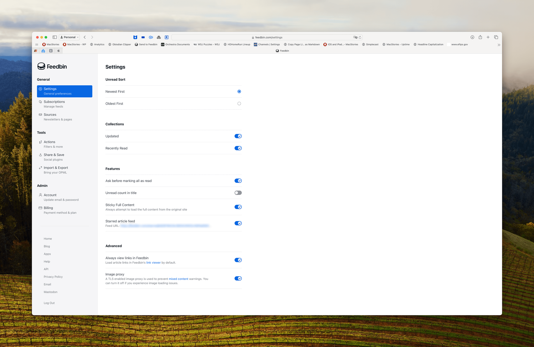 Feedbin's settings include a personalized feed of your starred articles.