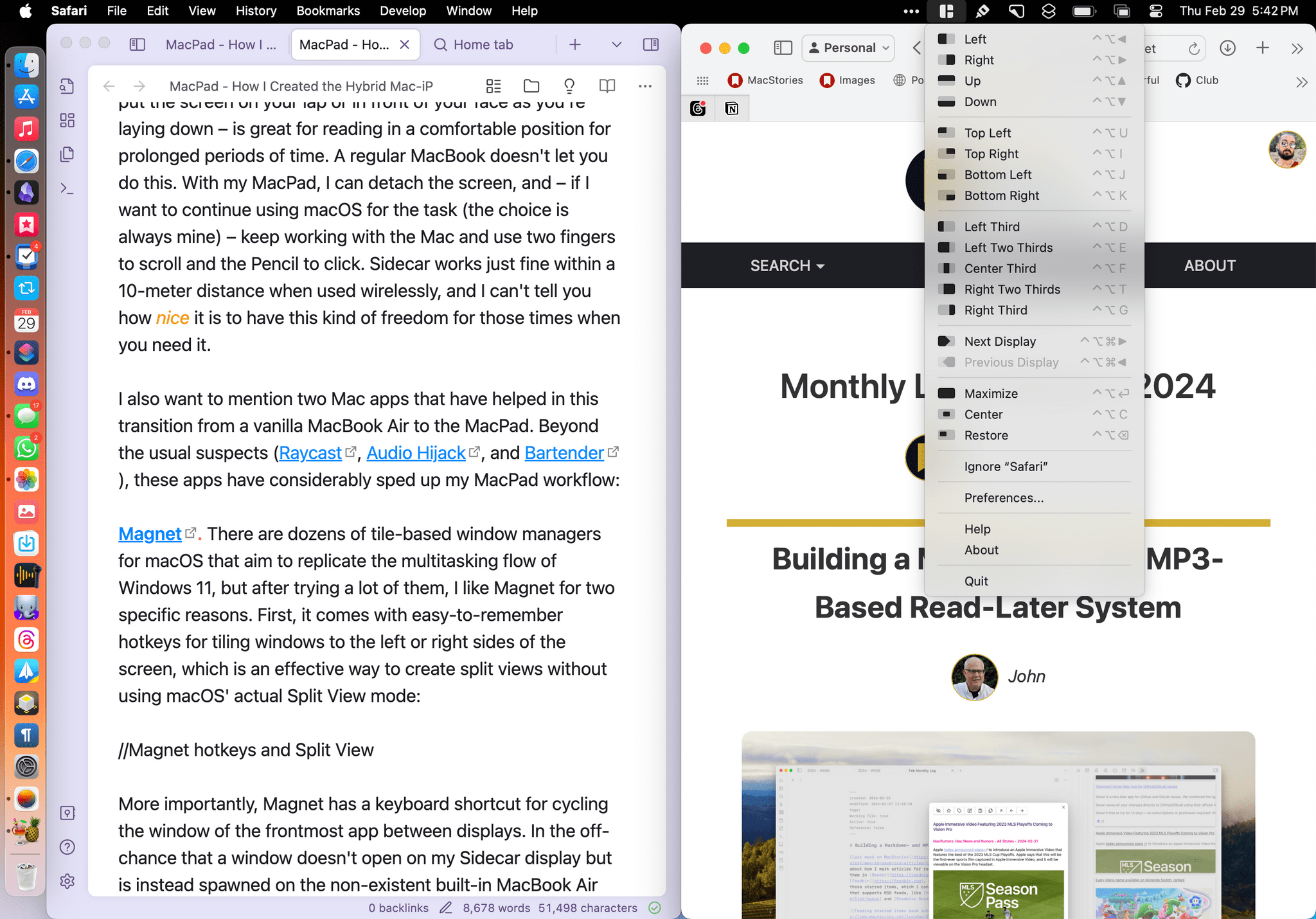 Splitting the screen on macOS with Magnet.