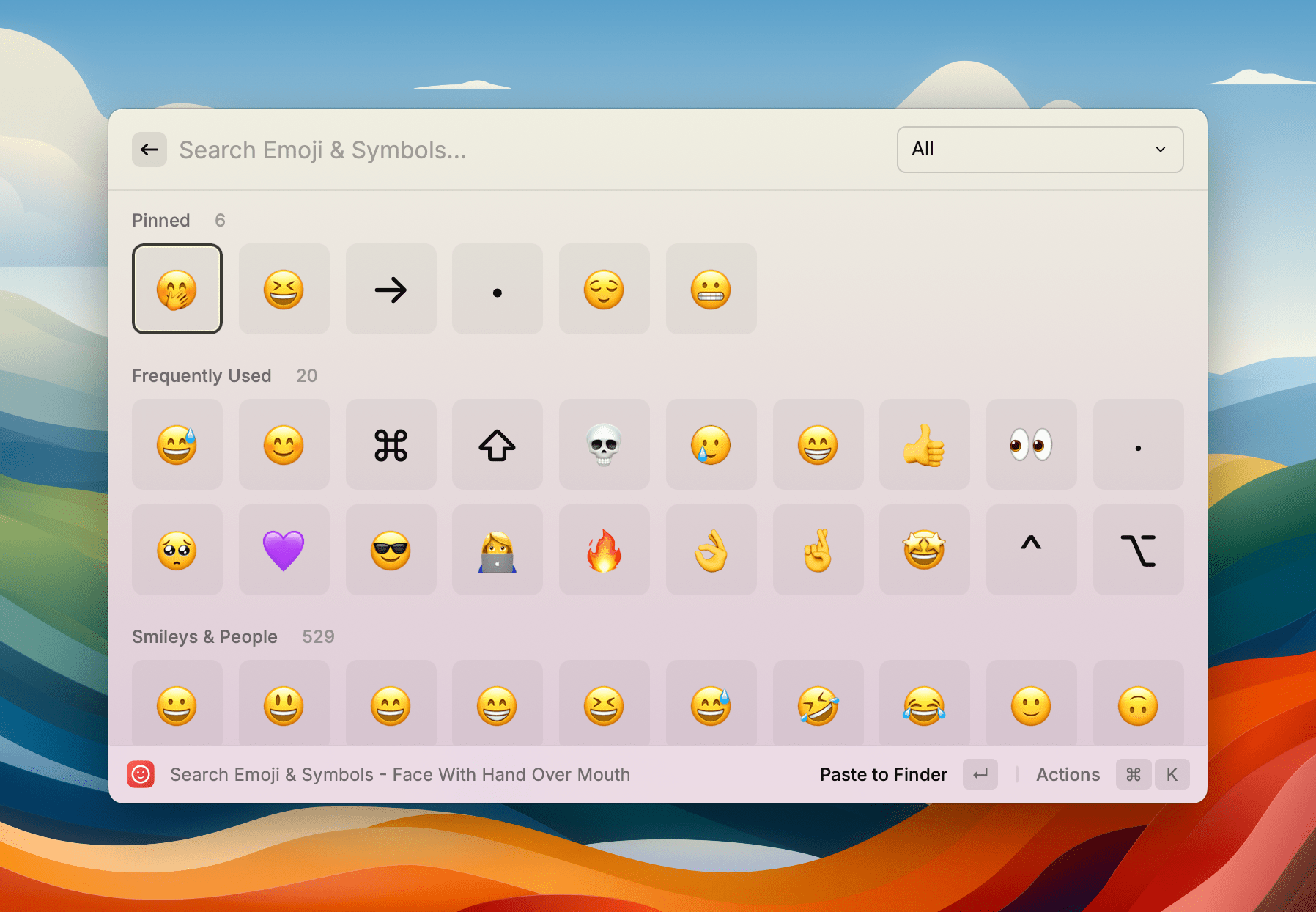 Raycast's emoji picker lets you pin emoji and symbols, and it's super snappy.