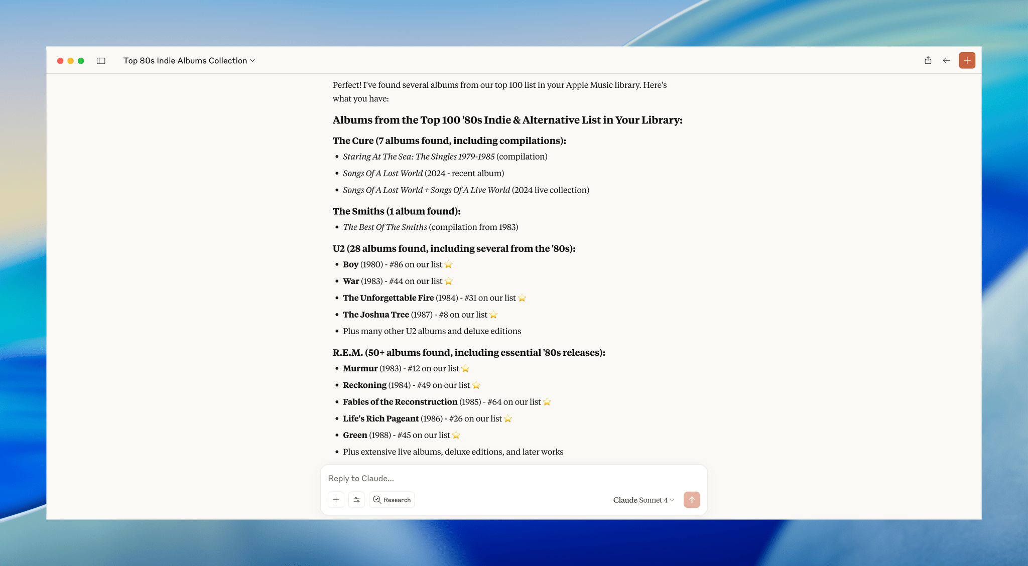 Claude compiling a Longplay Collection based on a comparison of my Apple Music library to the list it created for me previously.