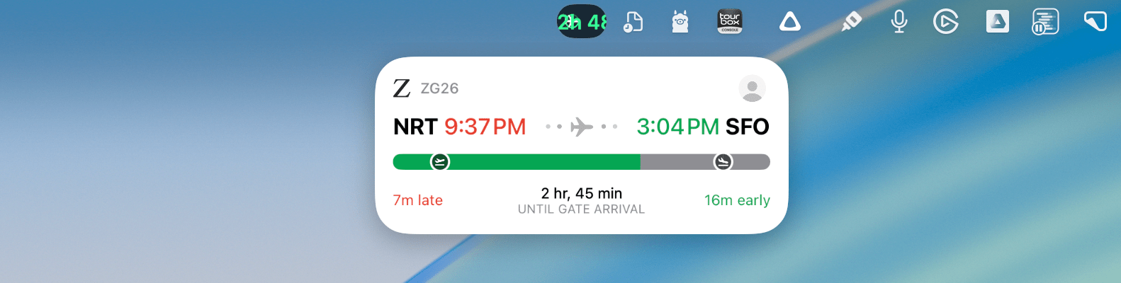 The Flighty Live Activity projected from my iPhone to the menu bar.
