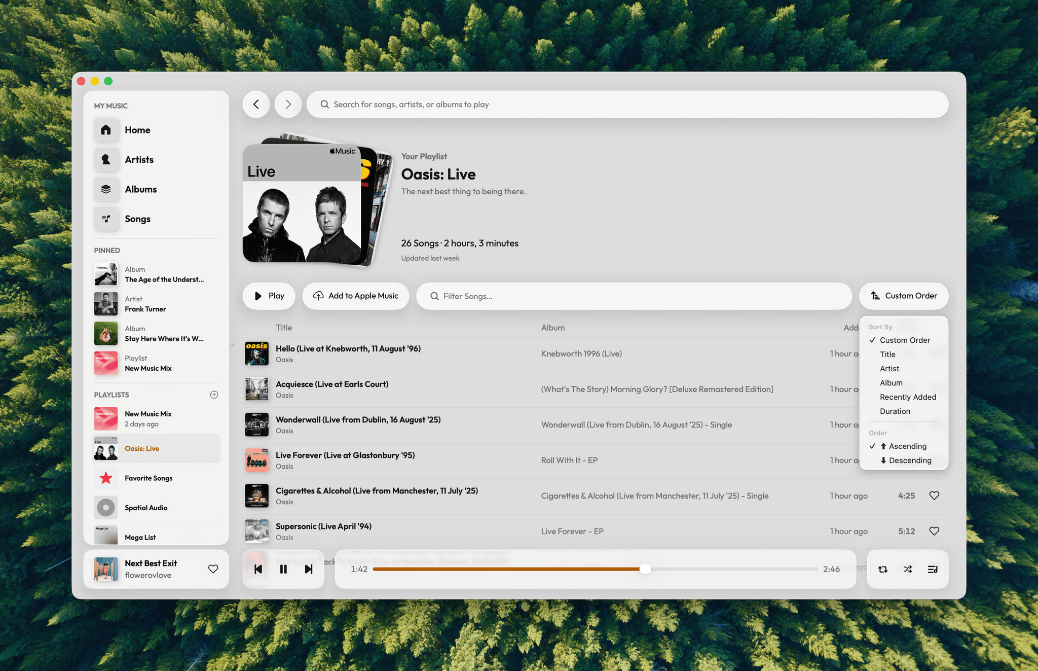 Playlists can be reordered for playback and include great artwork that looks like a stack of album covers.