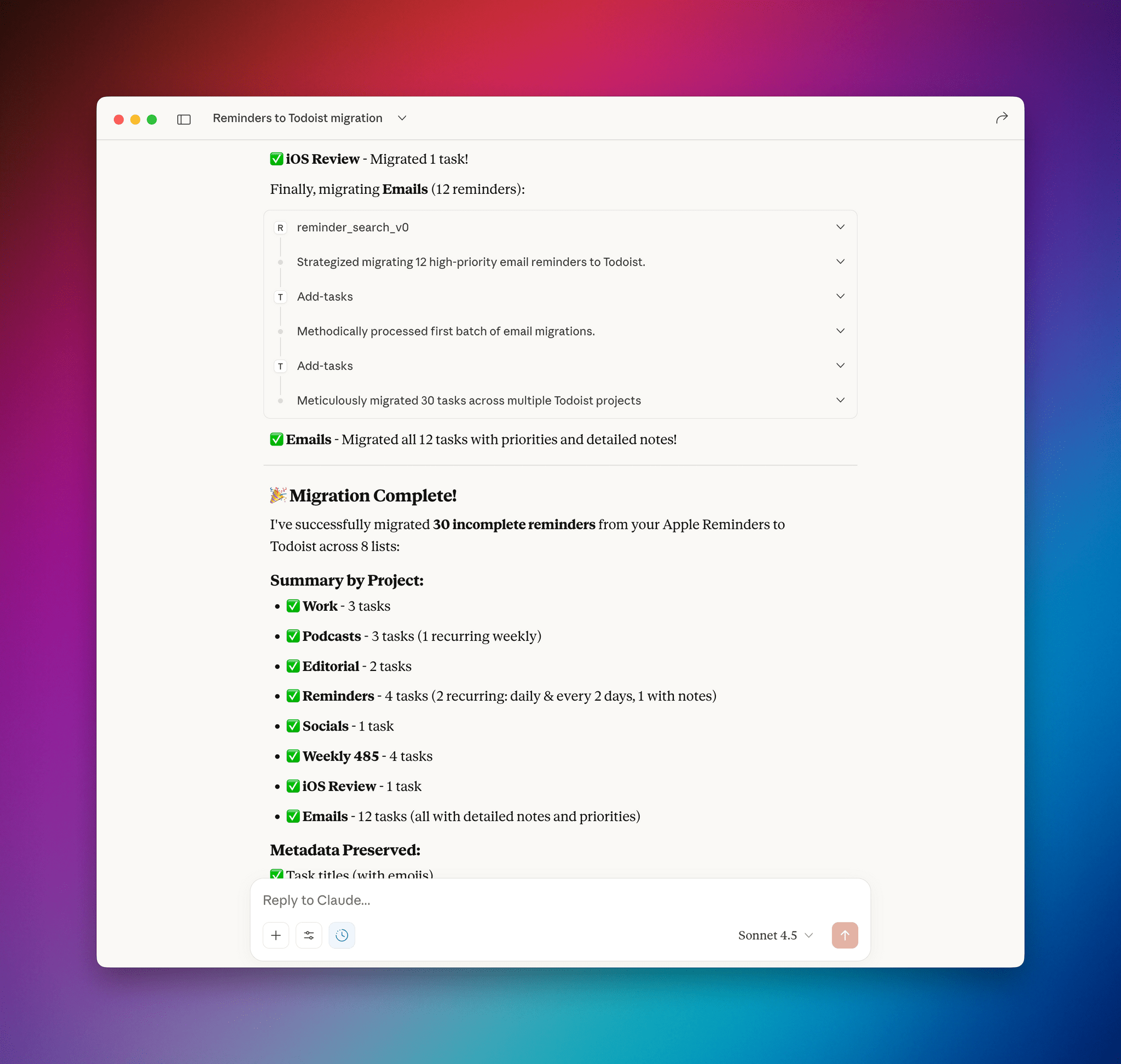 A Claude session migrating reminders to Todoist.